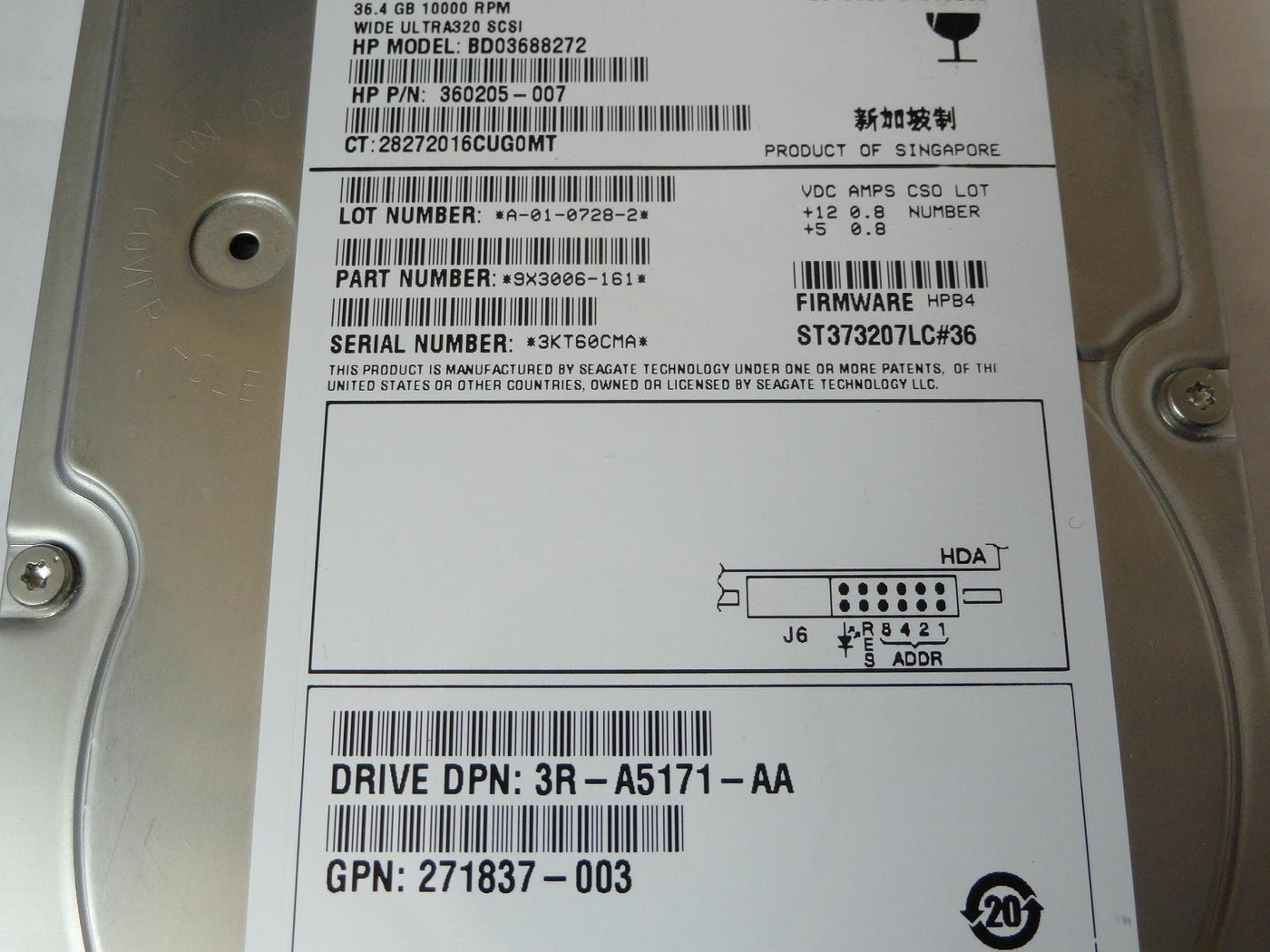 HP Seagate 36.4GB SCSI 80 Pin 10Krpm 3.5in HDD ( ST373207LC#36 9X3006-161 BD03688272 271837-003 360205-007 ) USED