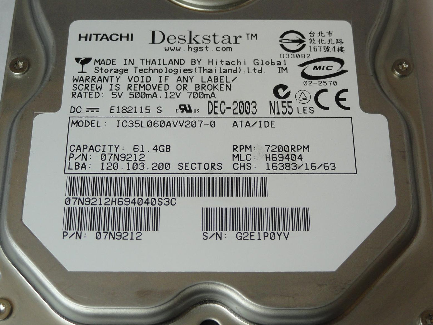 PR11449_07N9212_Hitachi 61.4GB IDE 7200rpm 3.5in HDD - Image3