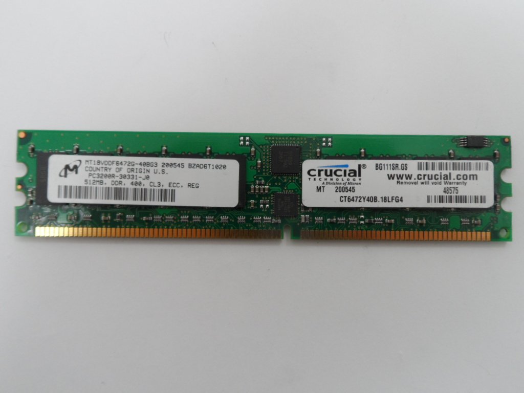 Micron Crucial 512MB PC3200 DDR-400 ECC Reg CL3 184Pin DIMM ( MT18VDDF6472G-40BG3 CT6472Y40B.18LFG4 ) REF