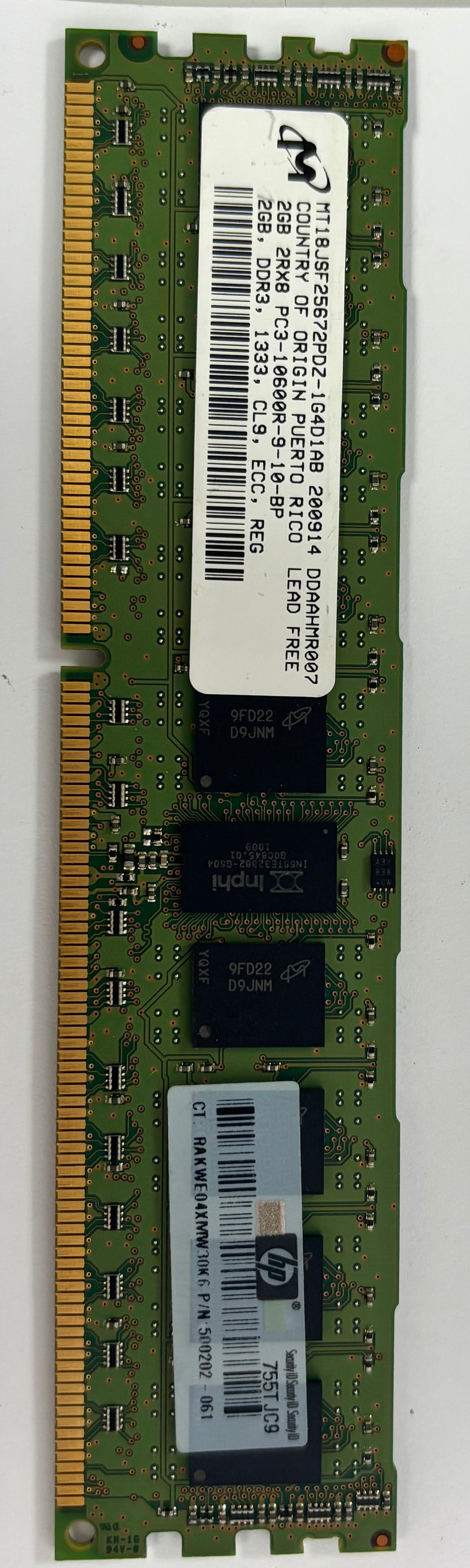 Micron HP 2GB PC3-10600 DDR3-1333MHz 240-Pin DIMM ( MT18JSF25672PDZ-1G4D1AB 500202-061 ) REF