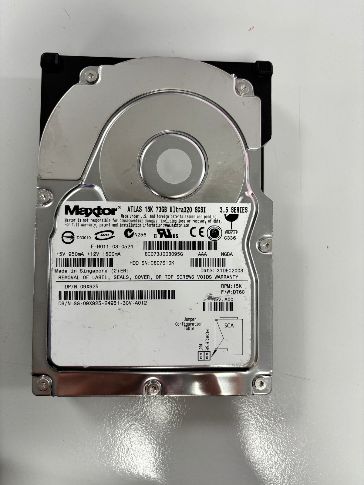 Dell Maxtor  73GB Ultra-320 SCSI 15K 3.5" HDD ( 09X925 8C073J00 ) USED