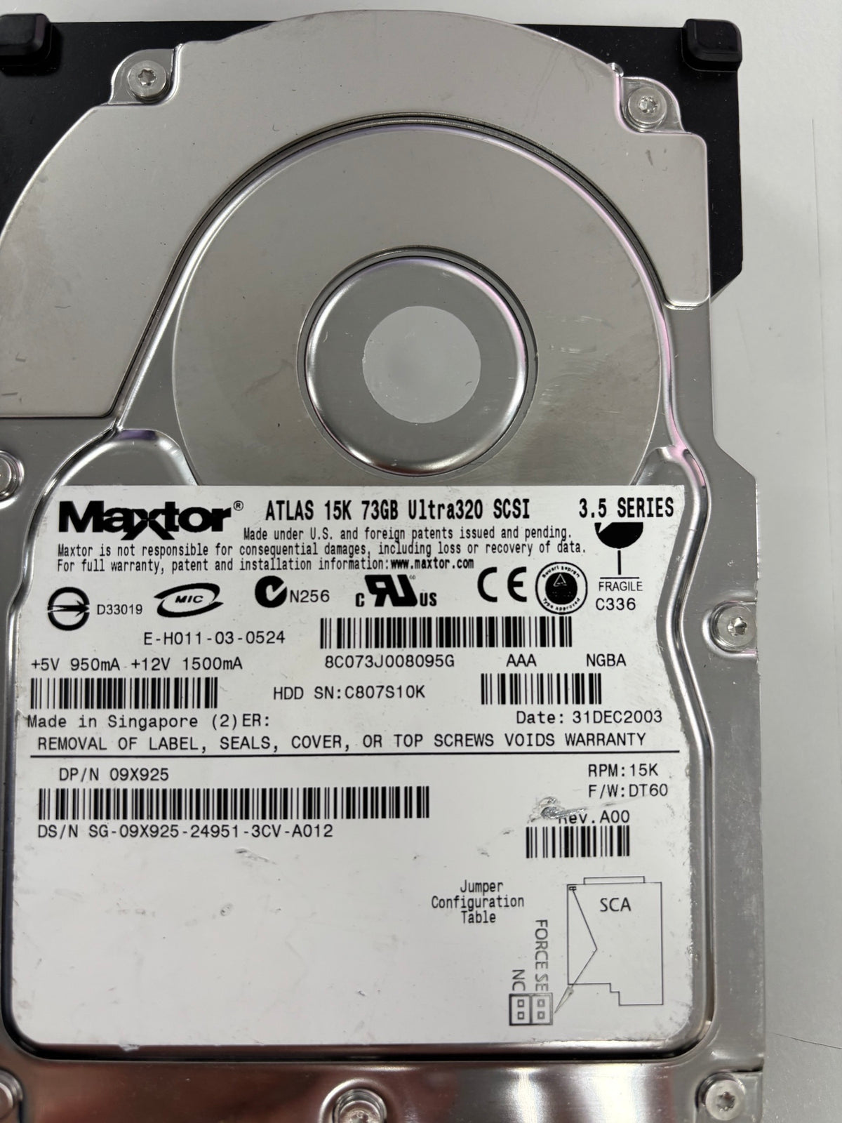 Dell Maxtor  73GB Ultra-320 SCSI 15K 3.5" HDD ( 09X925 8C073J00 ) USED