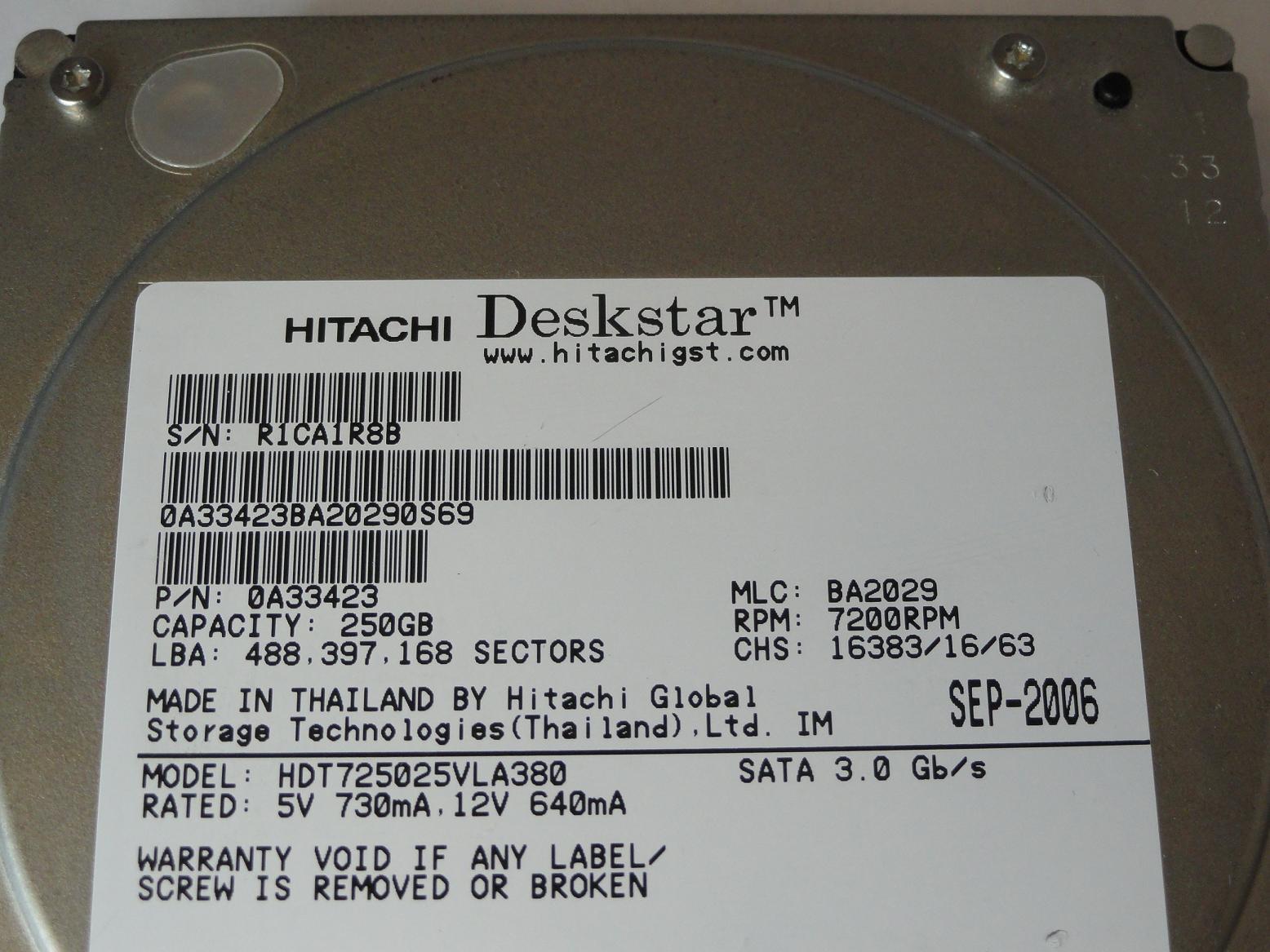 Hitachi 250GB SATA 7200rpm 3.5in HDD ( 0A33423 HDT725025VLA380 ) REF