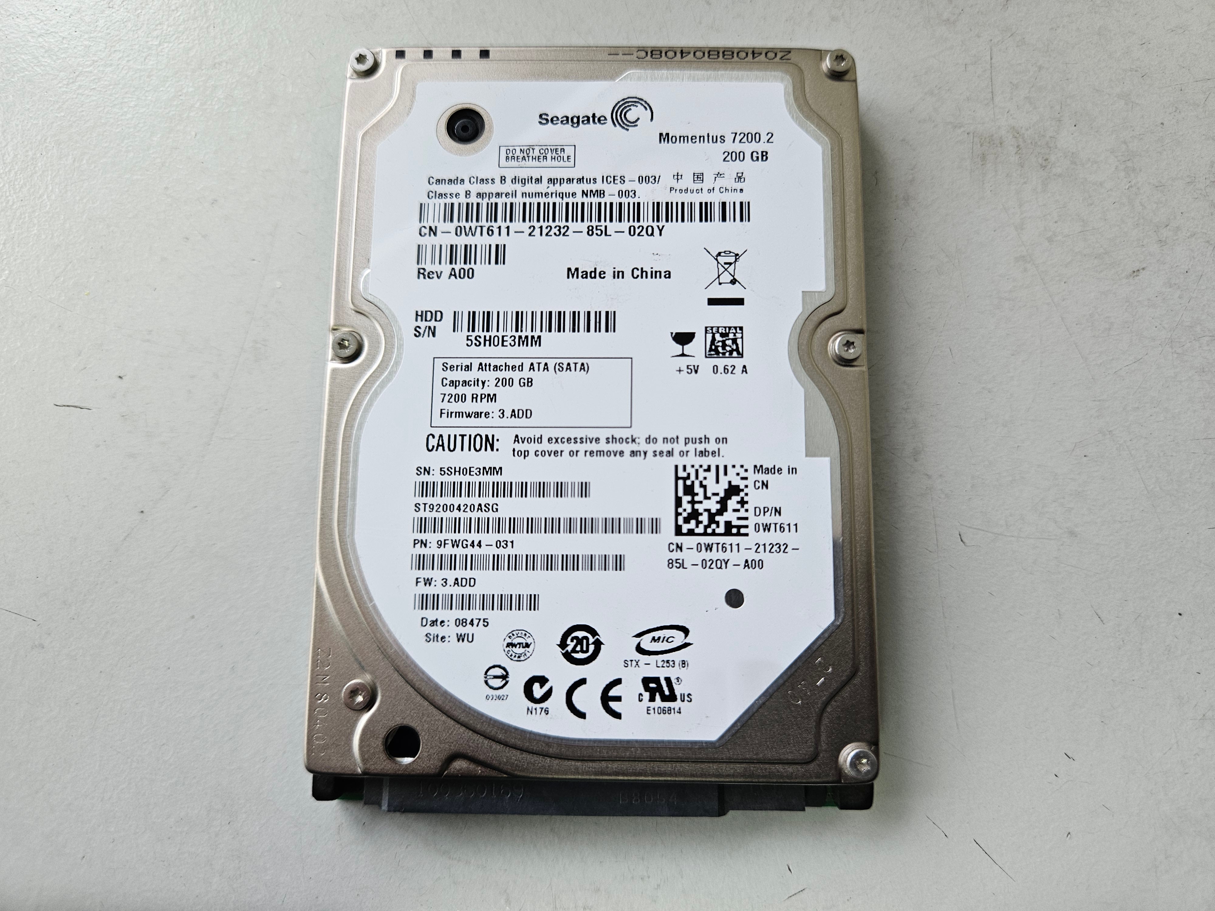 Seagate Dell 200GB 7200RPM SATA 2.5in HDD ( ST9200420ASG 9FWG44-031 0WT611 ) REF