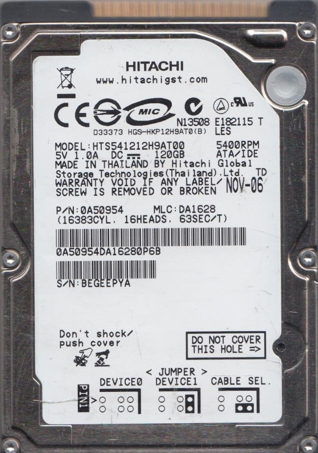 Hitachi Travelstar 120GB 5400RPM IDE 2.5in HDD ( 0A50954 HTS541212H9AT00 ) USED