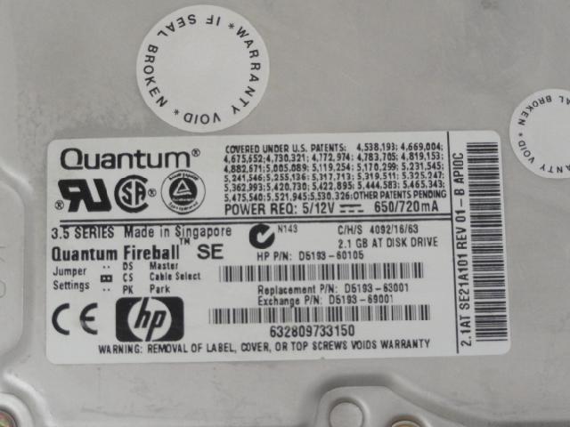 Quantum HP 2.1Gb IDE 3.5" Hard Drive ( SE21A011 SE21A101 D5193-60105 D5193-63001 D5193-69001 ) REF