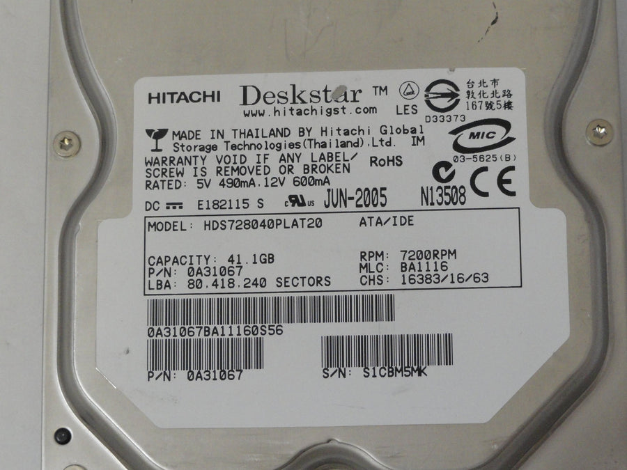 Hitachi 40GB IDE 7200rpm 3.5in HDD ( 0A33073 HDS728040PLAT20 ) REF