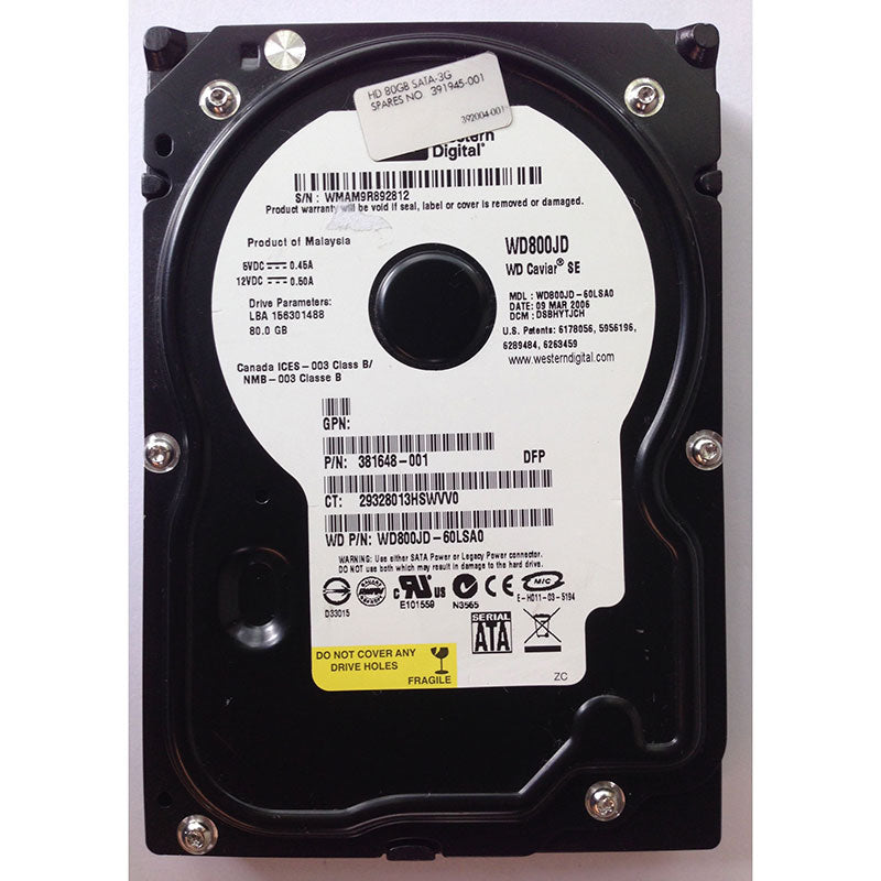 Western Digital HP 80GB SATA 7200rpm 3.5in HDD ( WD800JD-60LSA0 381648-001 ) REF