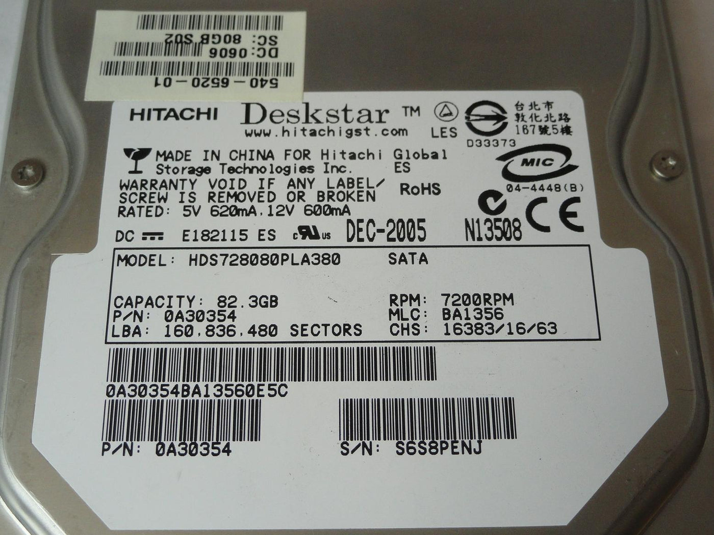Hitachi Sun 80GB SATA 7200rpm 3.5in HDD in Tray ( 0A30354 HDS728080PLA380 540-6520-01 ) REF
