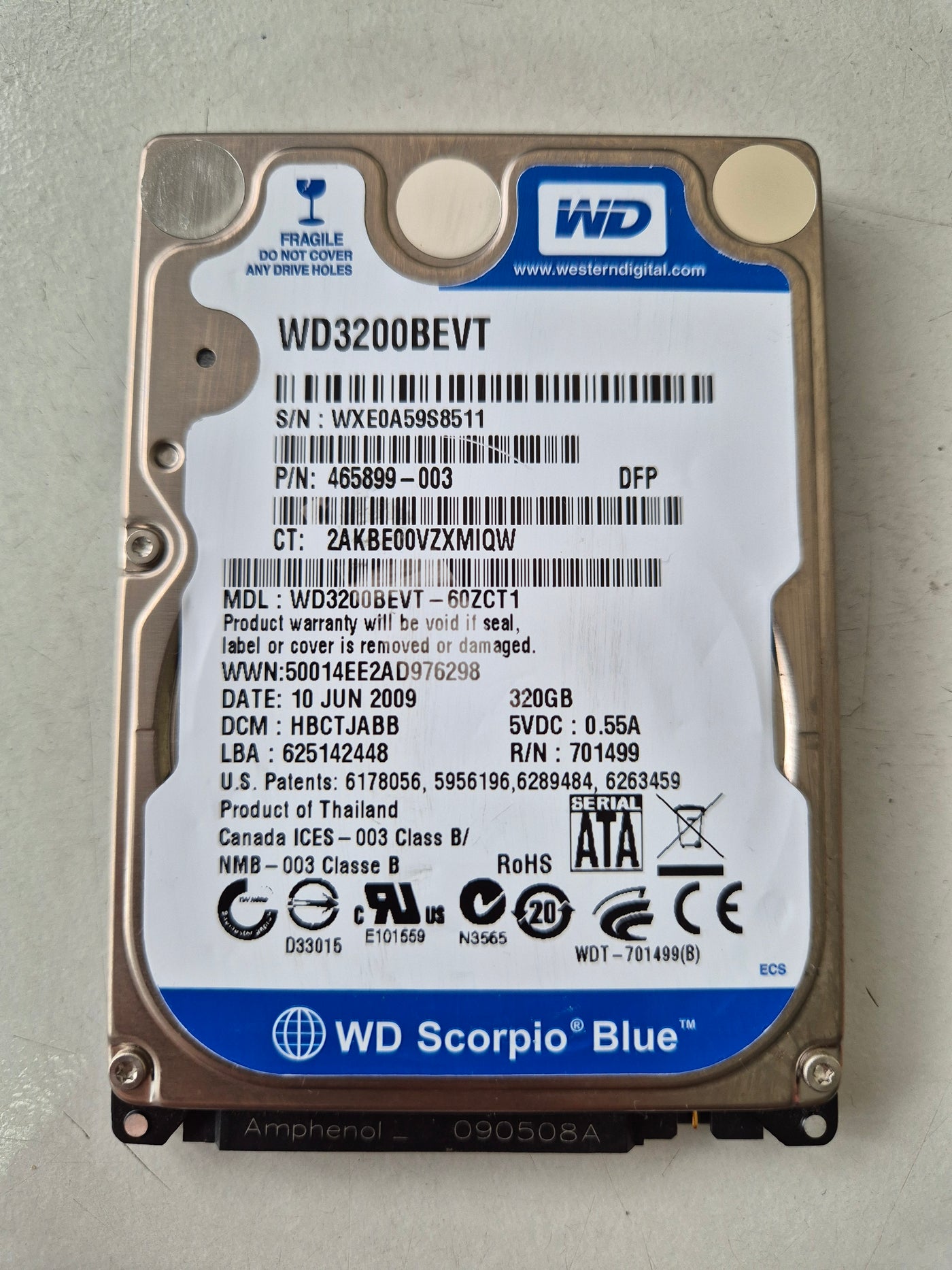 Western Digital HP 320GB 5400RPM SATA 2.5in HDD ( WD3200BEVT-60ZCT1 465899-003 ) USED
