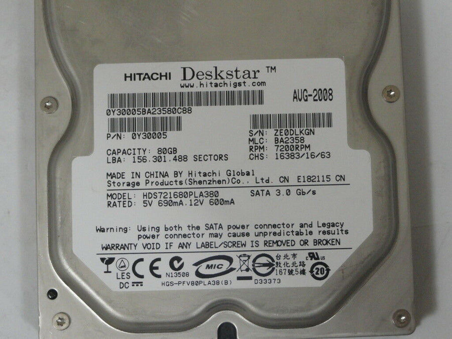 Hitachi 80GB SATA 7200rpm 3.5in HDD ( HDS721680PLA380 0Y30005 ) USED