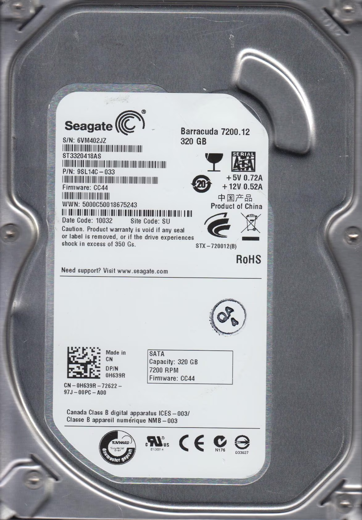 Seagate Dell 320GB SATA 3.5" HDD ( 9SL14C-033 ST3320418AS 0H639R ) REF