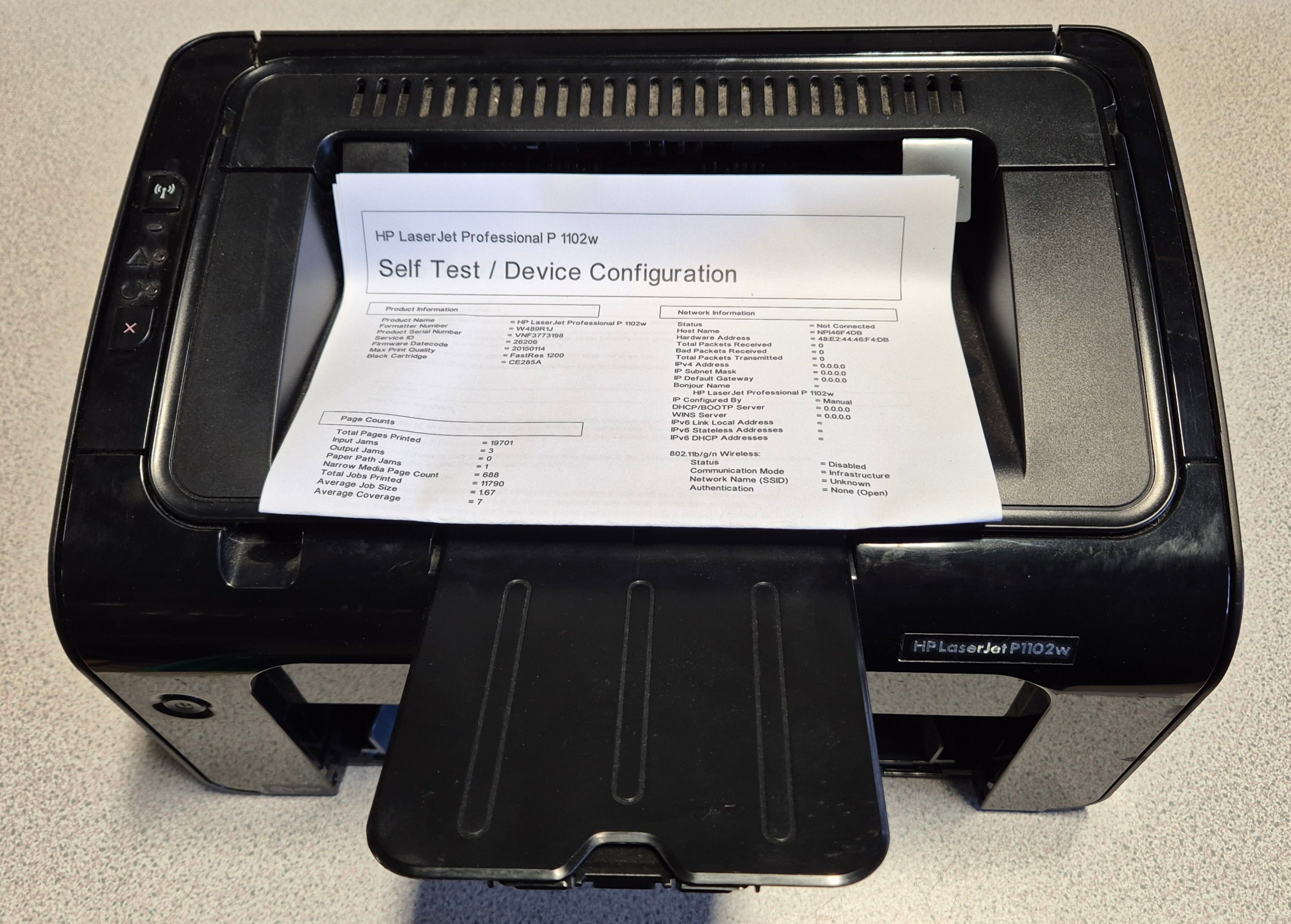 HP LaserJet P1102W – Bottom paper box missing - STILL PRINTS ( CE658A ) USED