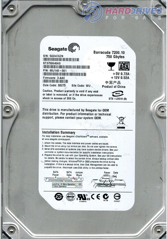 Seagate Barracuda 750GB 7200rpm SATA 3.5in HDD ( ST3750640AS 9BJ148-561 ) USED