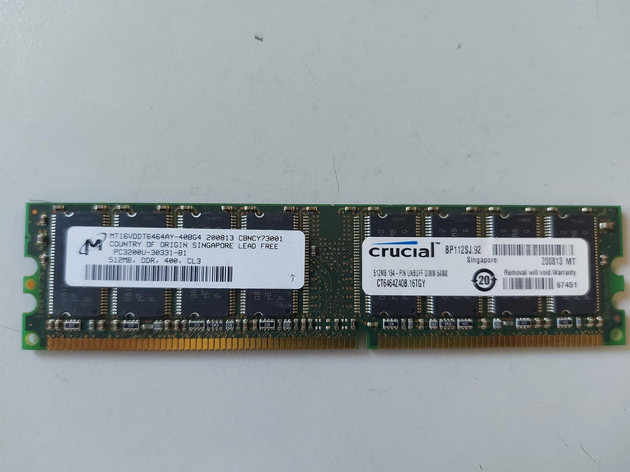 Micron/Crucial 512MB PC3200 DDR-400MHz non-ECC Unbuffered CL3 184-Pin DIMM Dual Rank Memory Module (MT16VDDT6464AY-40BG4 CT6464Z40B.16TGY)
