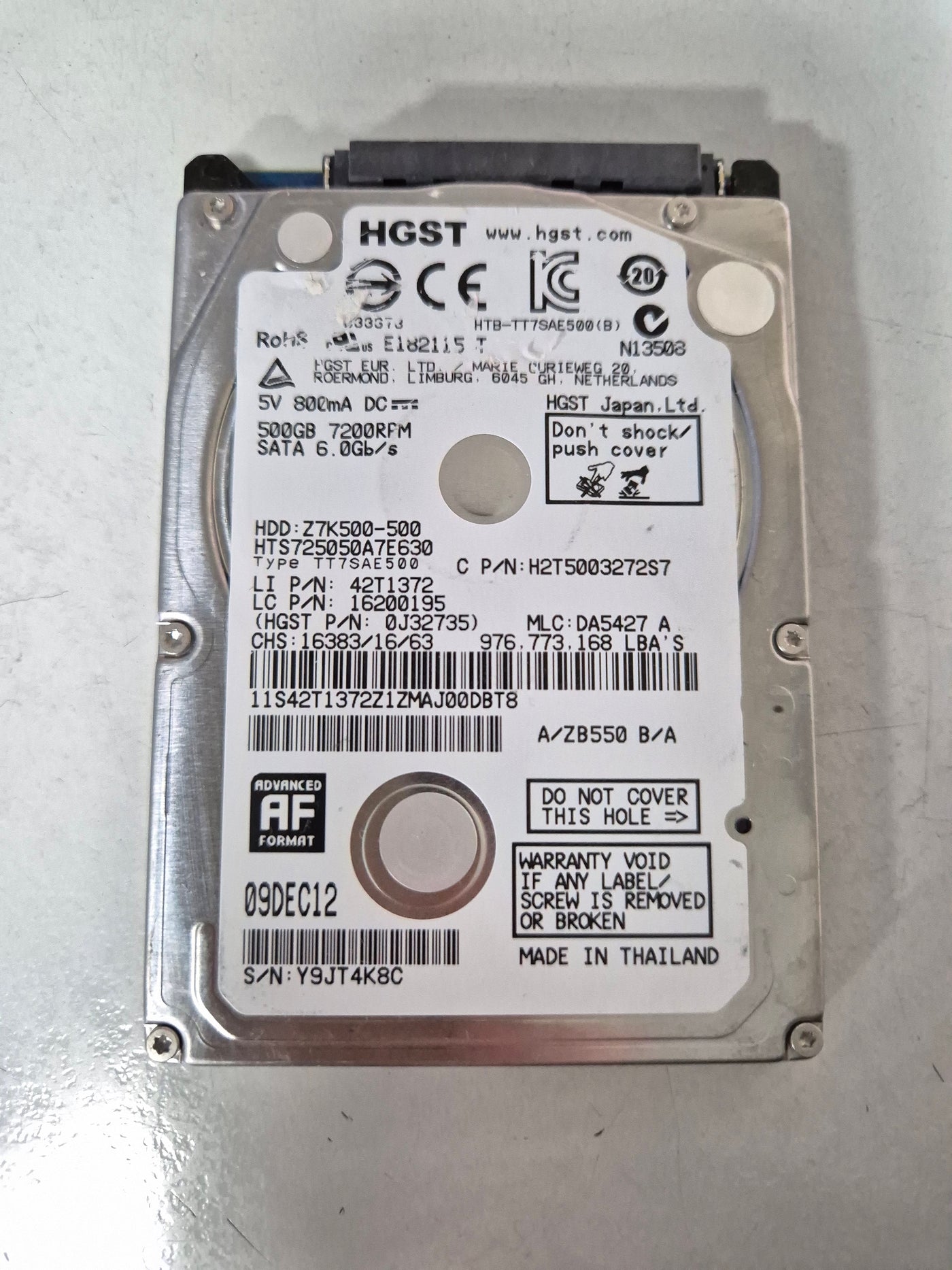 Hitachi Lenovo 500GB SATA 7200rpm 2.5in HDD ( 0J32735 HTS725050A7E630 H2T5003272S7 42T1372 16200195 ) USED