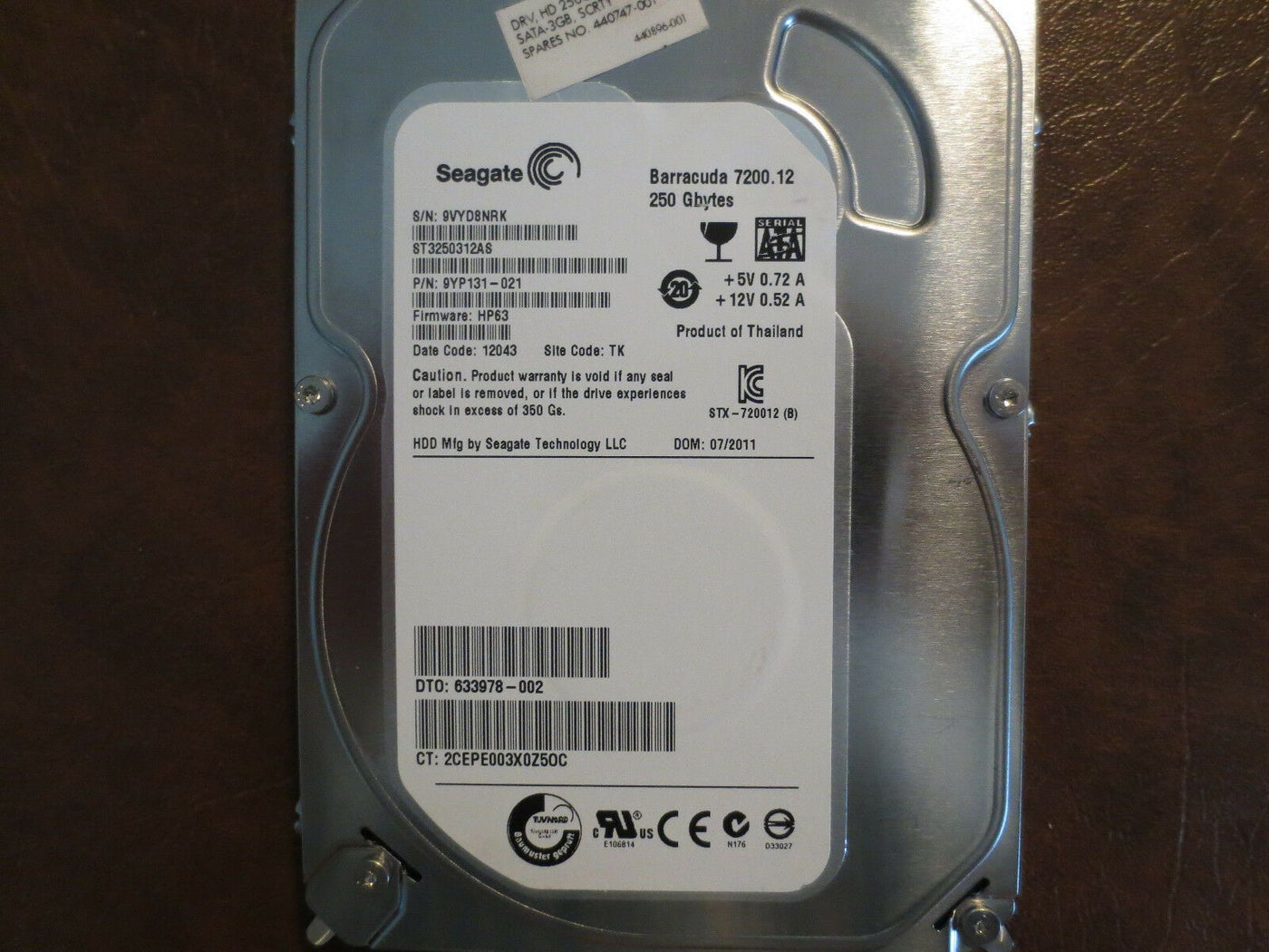 Seagate HP 250Gb SATA 7200rpm 3.5in HDD (ST3250312AS - 9YP131-021 Ref )