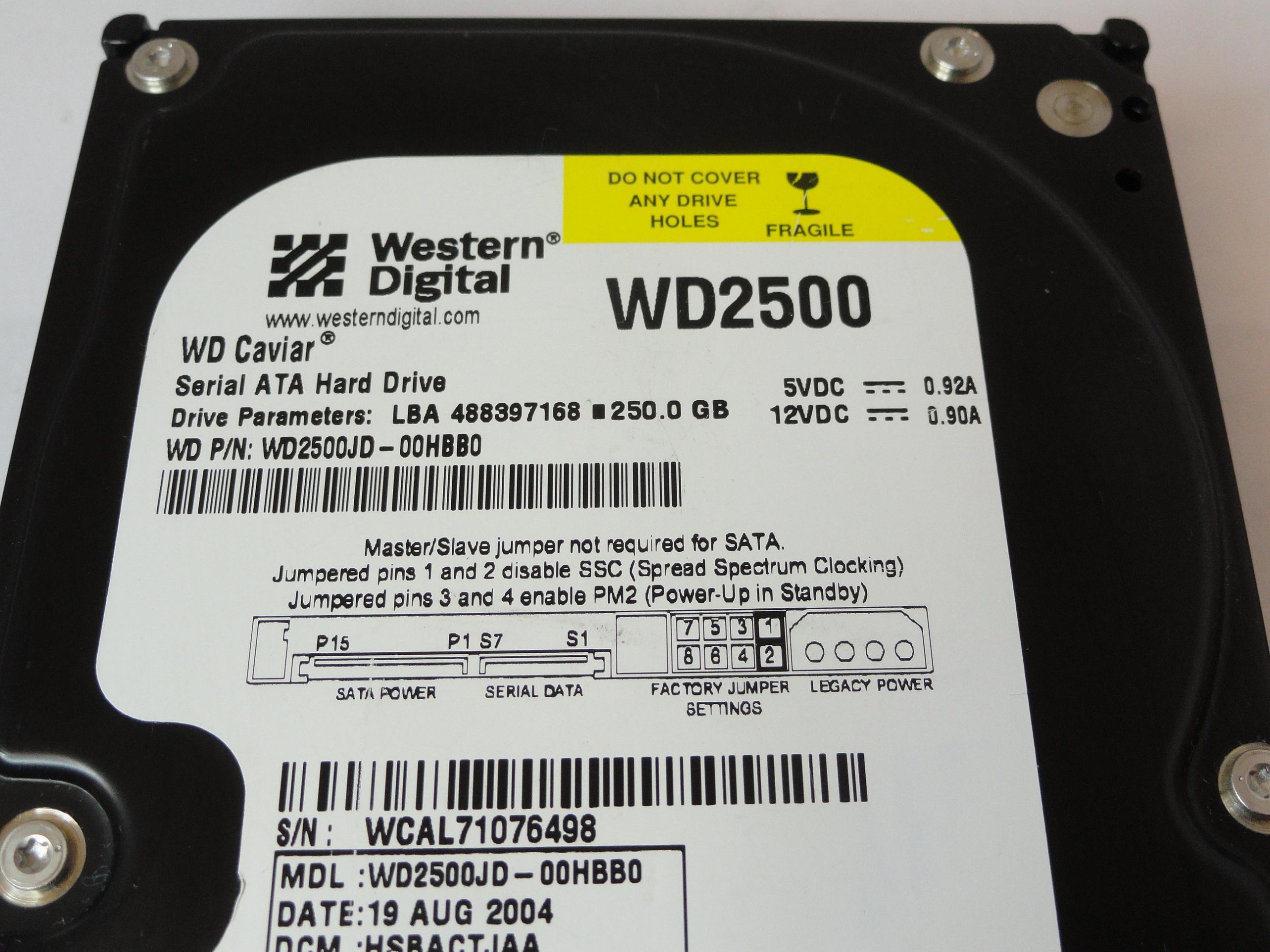 WD2500JD-00HBB0 - Western Digital 250Gb SATA 7200rpm 3.5in HDD - Refurbished