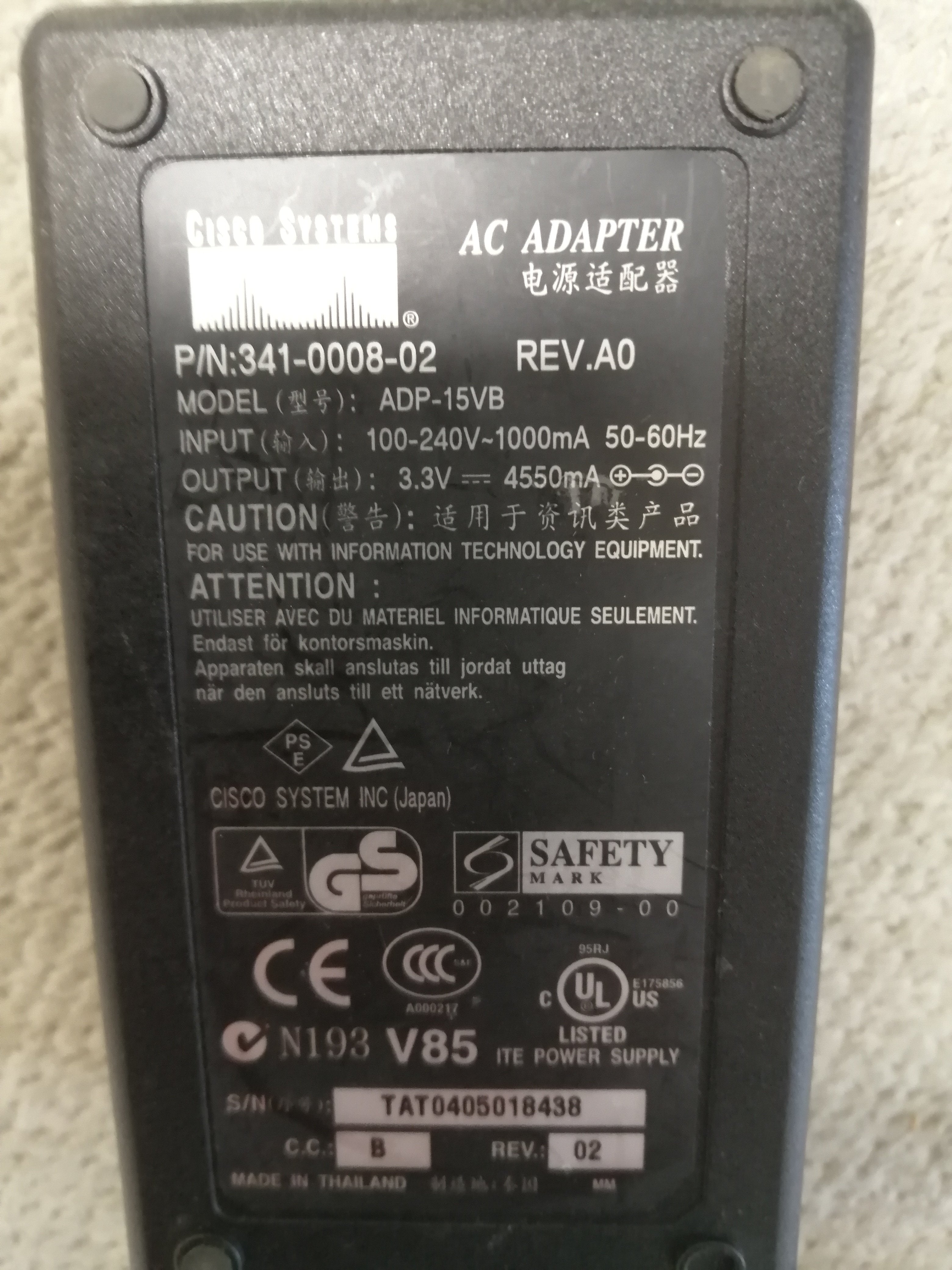 CISCO SYSTEMS AC ADAPTER ADP-15VB ( 341-0008-01 ADP-15VB   USED )