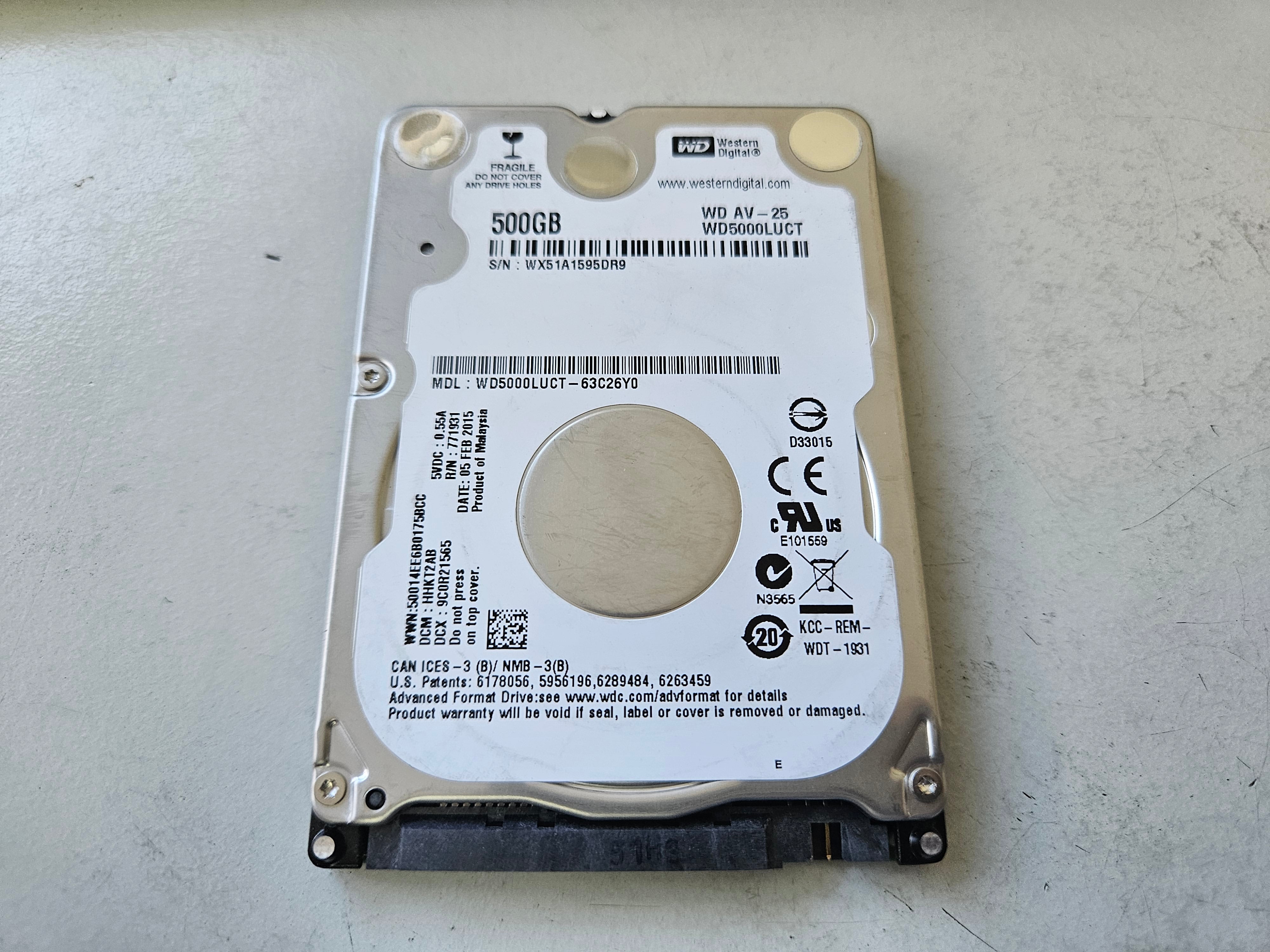 Western Digital 500GB 5400RPM SATA 2.5in HDD ( WD5000LUCT-63C26Y0 ) USED