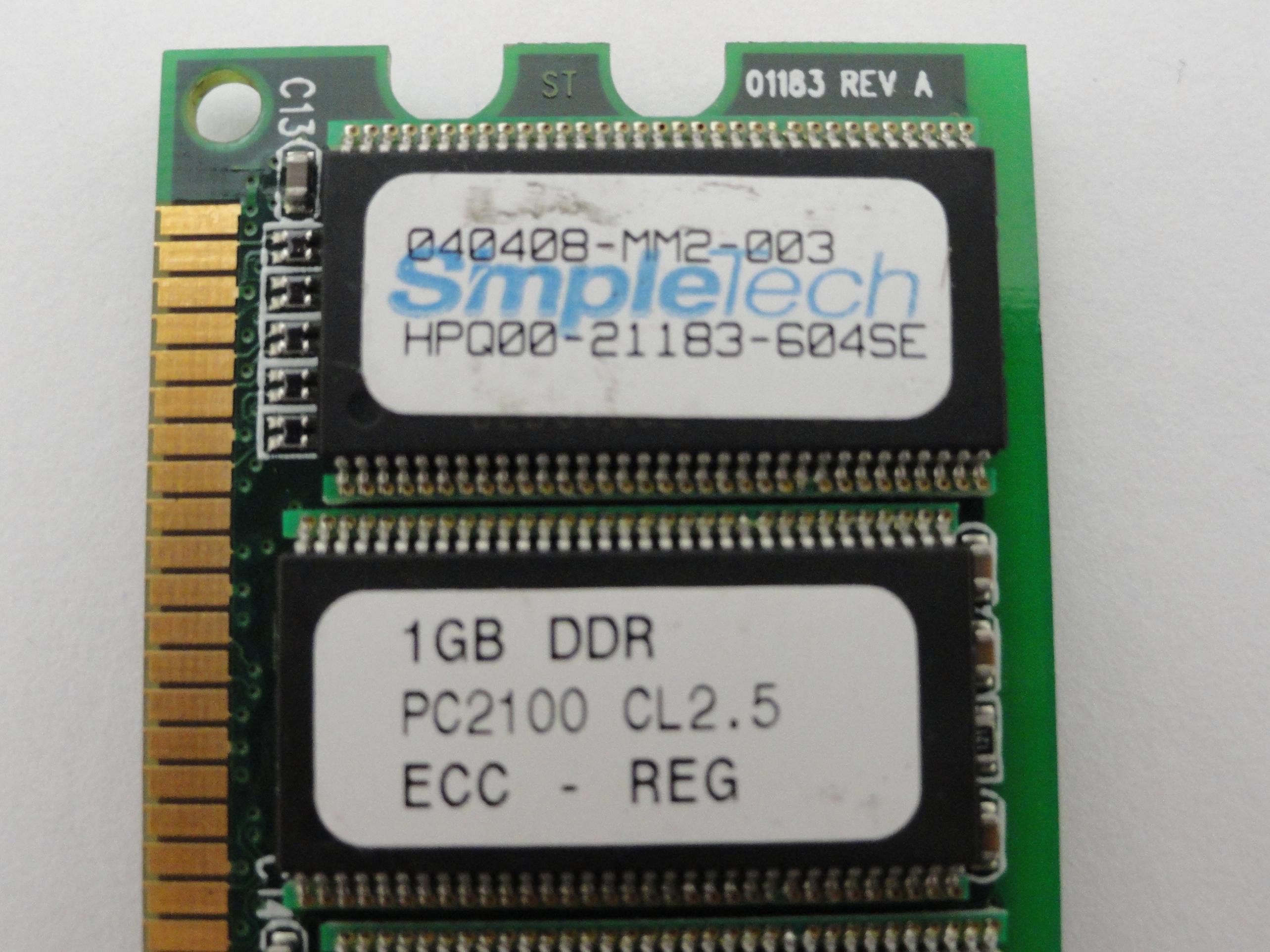 HPQ00-21183-604SE - Simple Tech Compaq 1Gb DDR PC2100 CL2.5 ECC Reg 184 Pin RAM - Refurbished