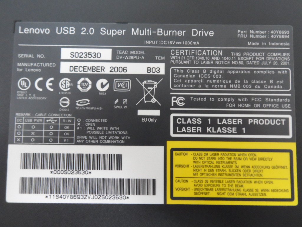 Lenovo USB 2.0 Super Multi-Burner Drive DVD+R ( 40Y8671, 40Y8693, 40Y8694 ) NOB 