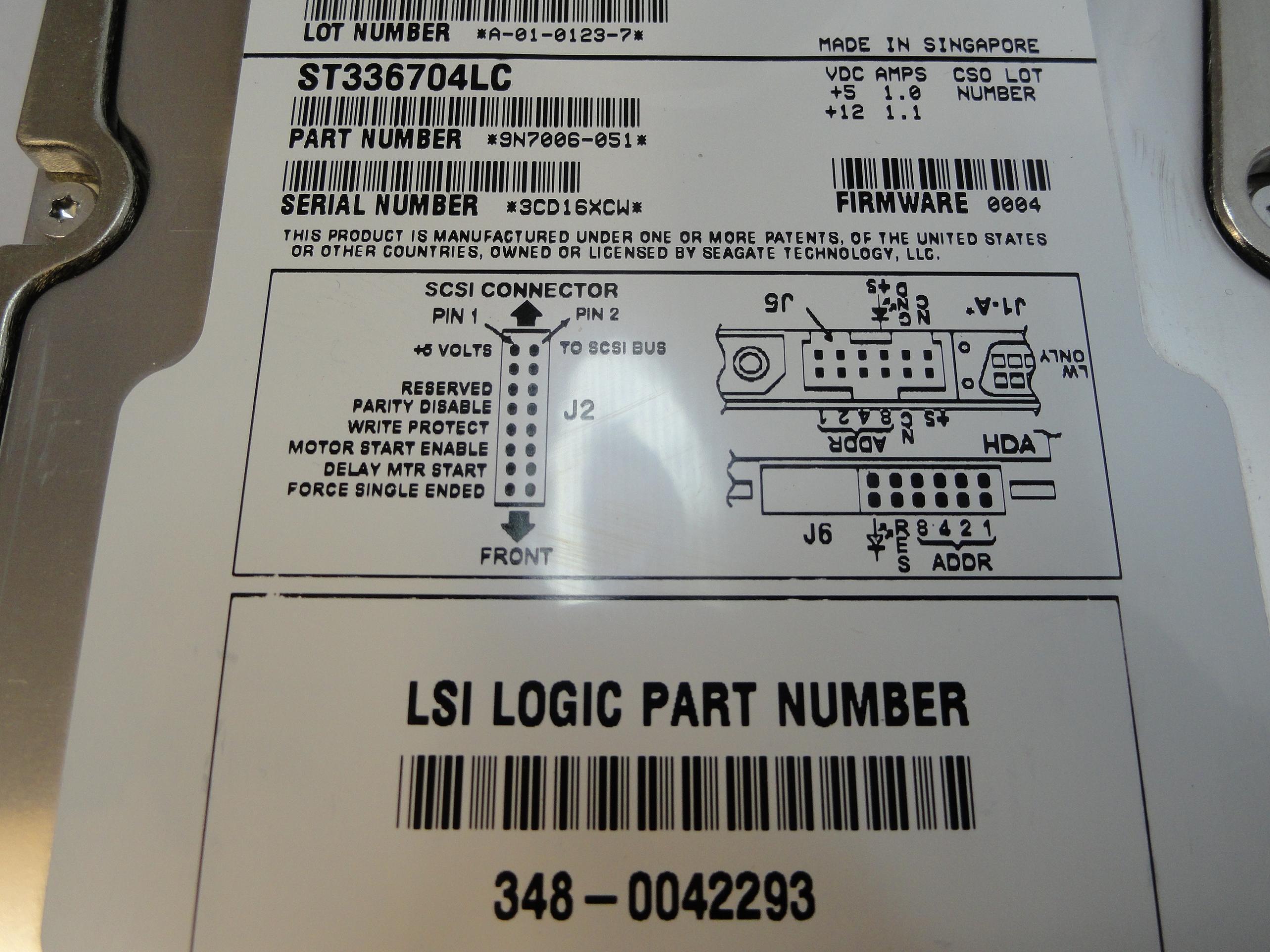 Seagate LSI 36GB SCSI 80 Pin 10Krpm 3.5in HDD ( ST336704LC 9N7006-051 348-0042293 ) USED