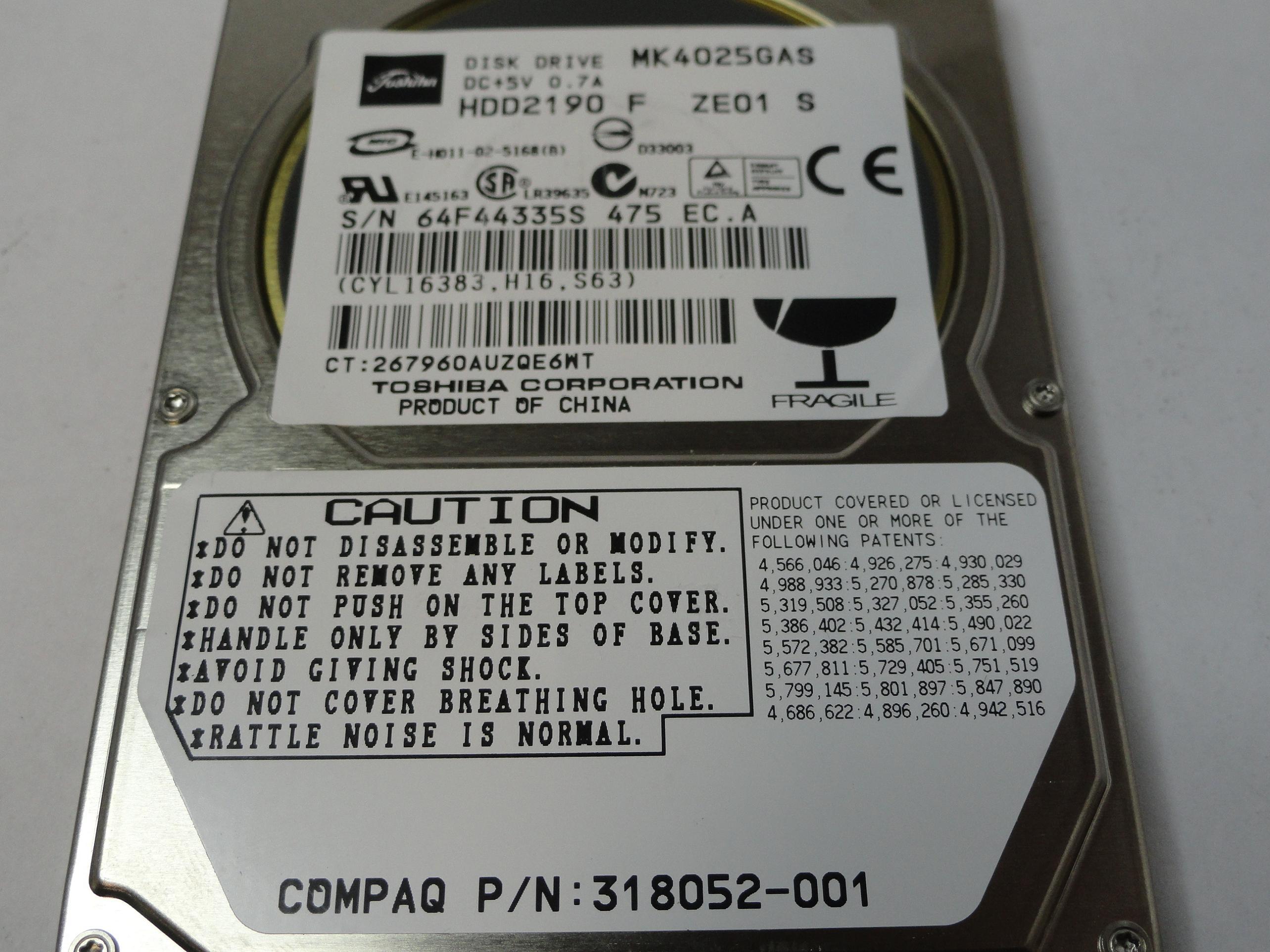 HDD2190 - Toshiba Compaq 40GB IDE 4200rpm 2.5in HDD - Refurbished