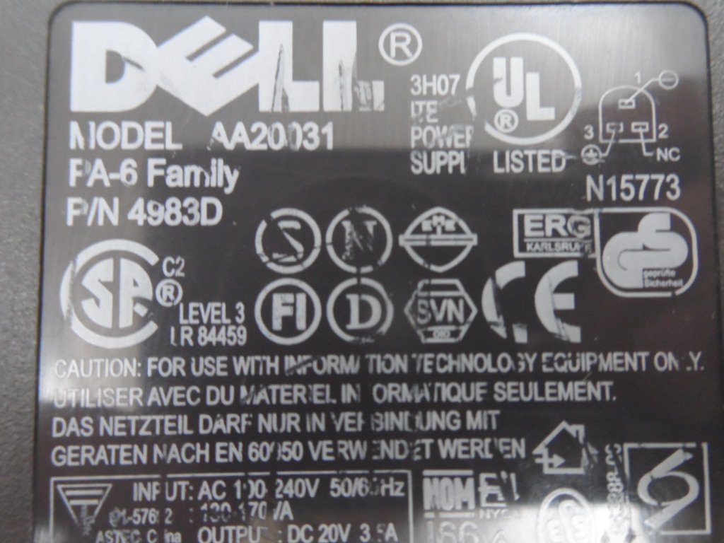 Dell AC Adapter Input 100-240v Output 20v 3.5a ( 9364U AA20031  6130015277304 Dell USED )