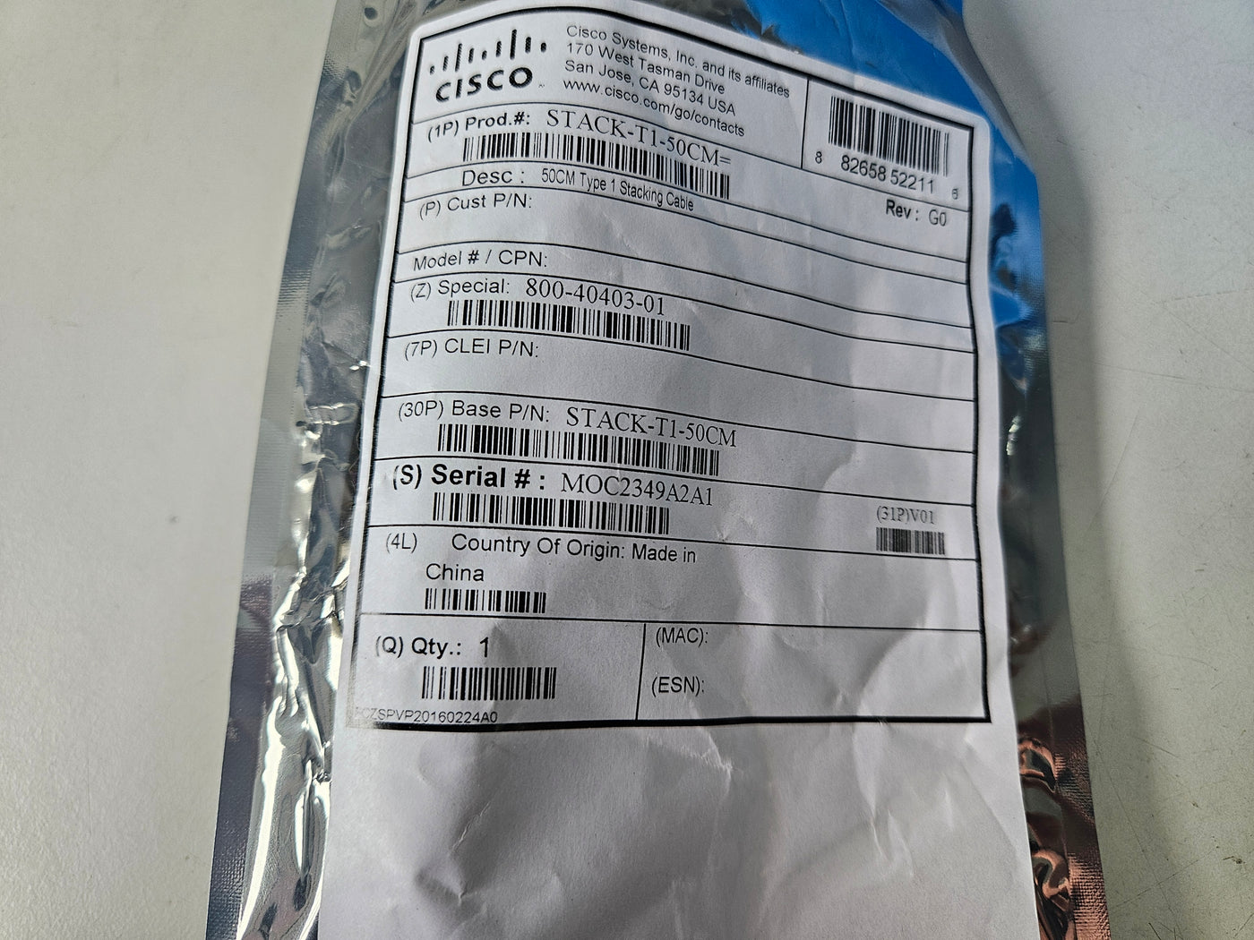Cisco StackWise 480 50cm Type 1 Stacking Cable ( STACK-T1-50CM 800-40403-01 ) NEW
