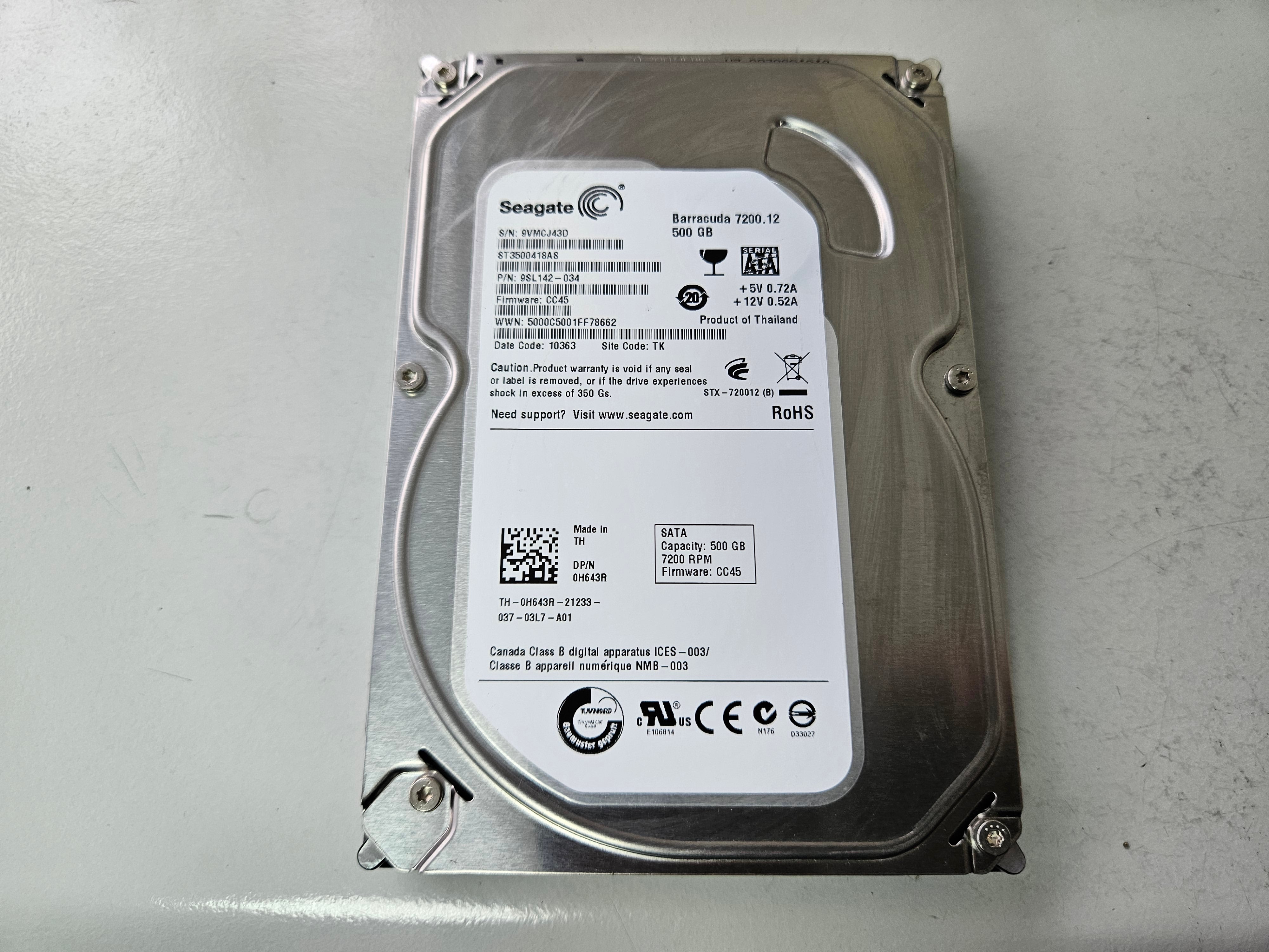 Seagate Dell 500GB 7200RPM SATA 3.5in HDD ( ST3500418AS 9SL142-034 0H643R ) REF