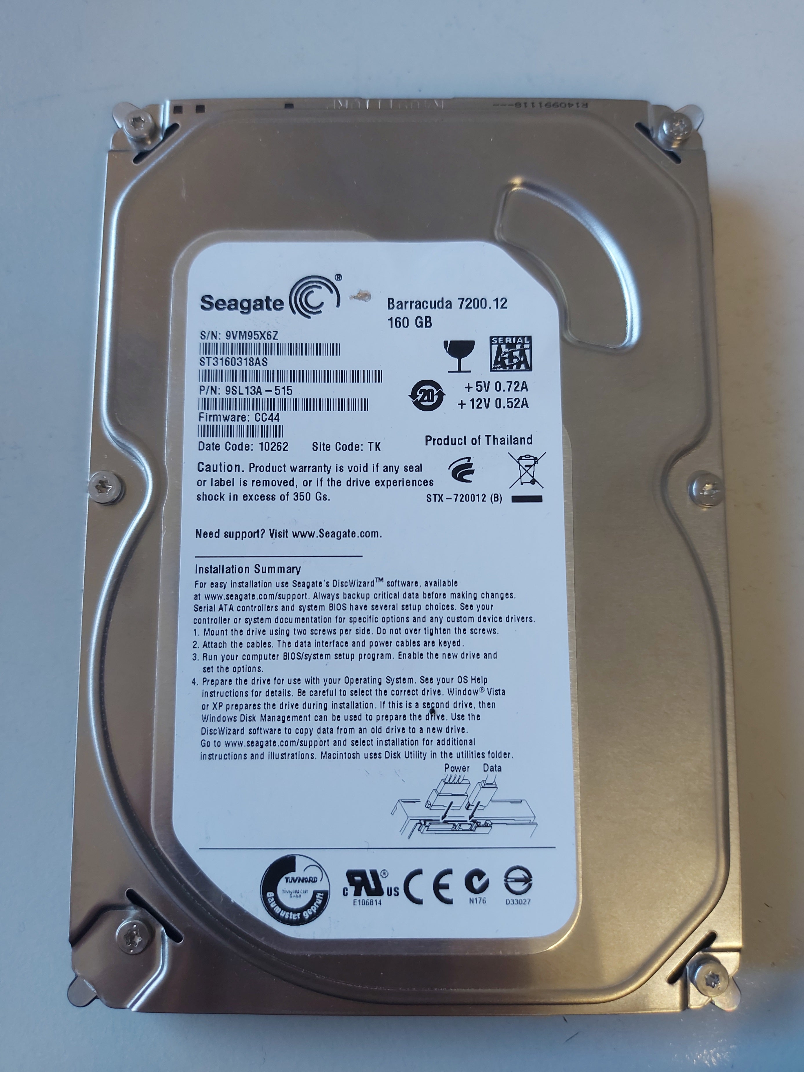 Seagate 160GB 7200RPM SATA 3.5in HDD ( 9SL13A-515 ST3160318AS ) USED