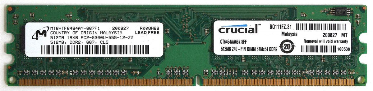 Micron 512MB PC2-5300 DDR2-667MHz non-ECC Unbuffered CL5 240-Pin DIMM Single Rank Memory Module ( MT8HTF6464AY-667F1 REF )