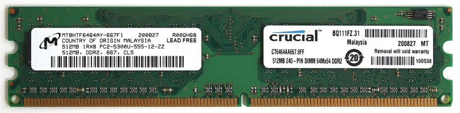 Micron 512MB PC2-5300 DDR2-667MHz non-ECC Unbuffered CL5 240-Pin DIMM Single Rank Memory Module ( MT8HTF6464AY-667F1 REF )