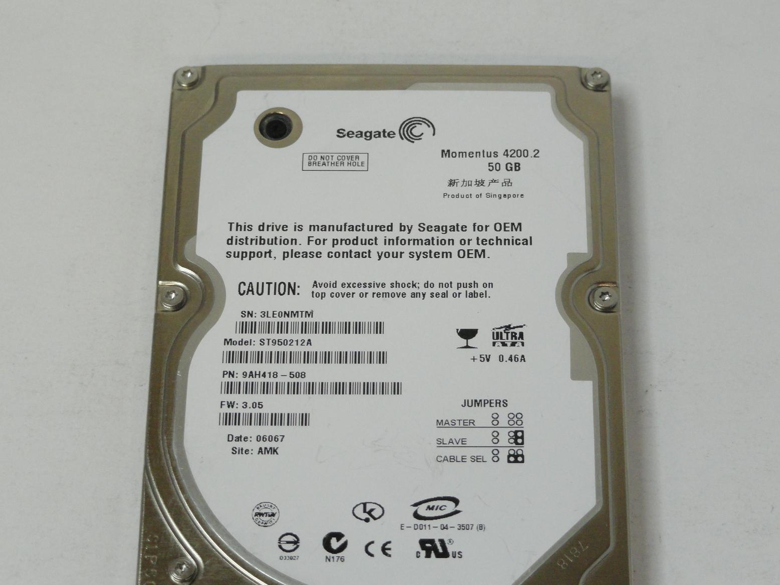 Seagate 50GB IDE 4200rpm 2.5in HDD ( 9AH418-508 ST950212A ) REF
