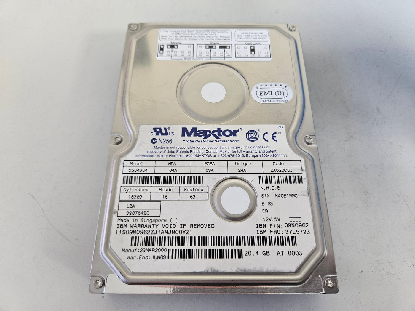 Maxtor IBM 20.4GB 7200RPM IDE 3.5in HDD ( 52049U4 09N0962 37L5723 ) USED