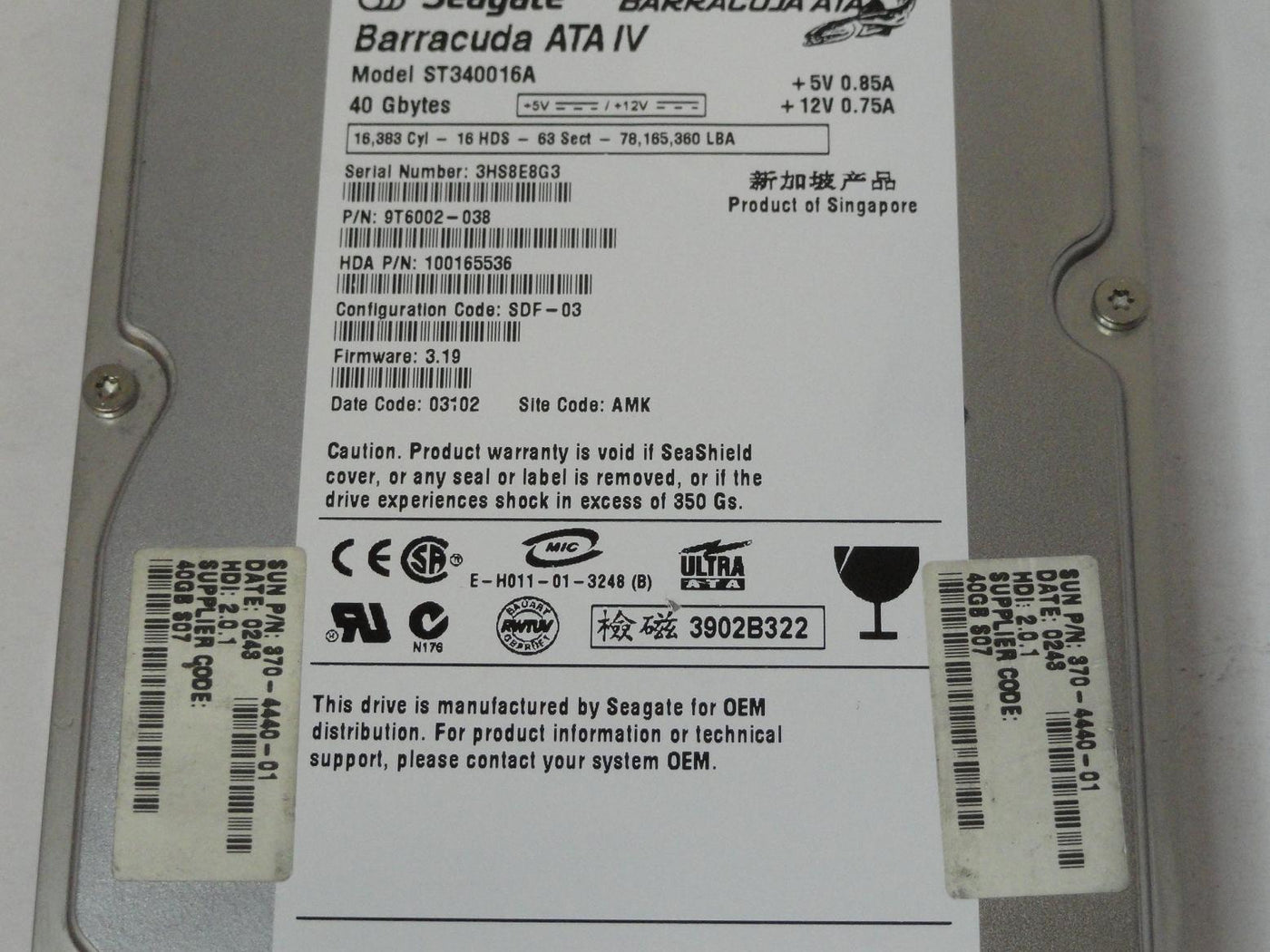 PR06161_9T6002-038_Seagate SUN 40GB IDE 7200rpm 3.5in HDD - Image3