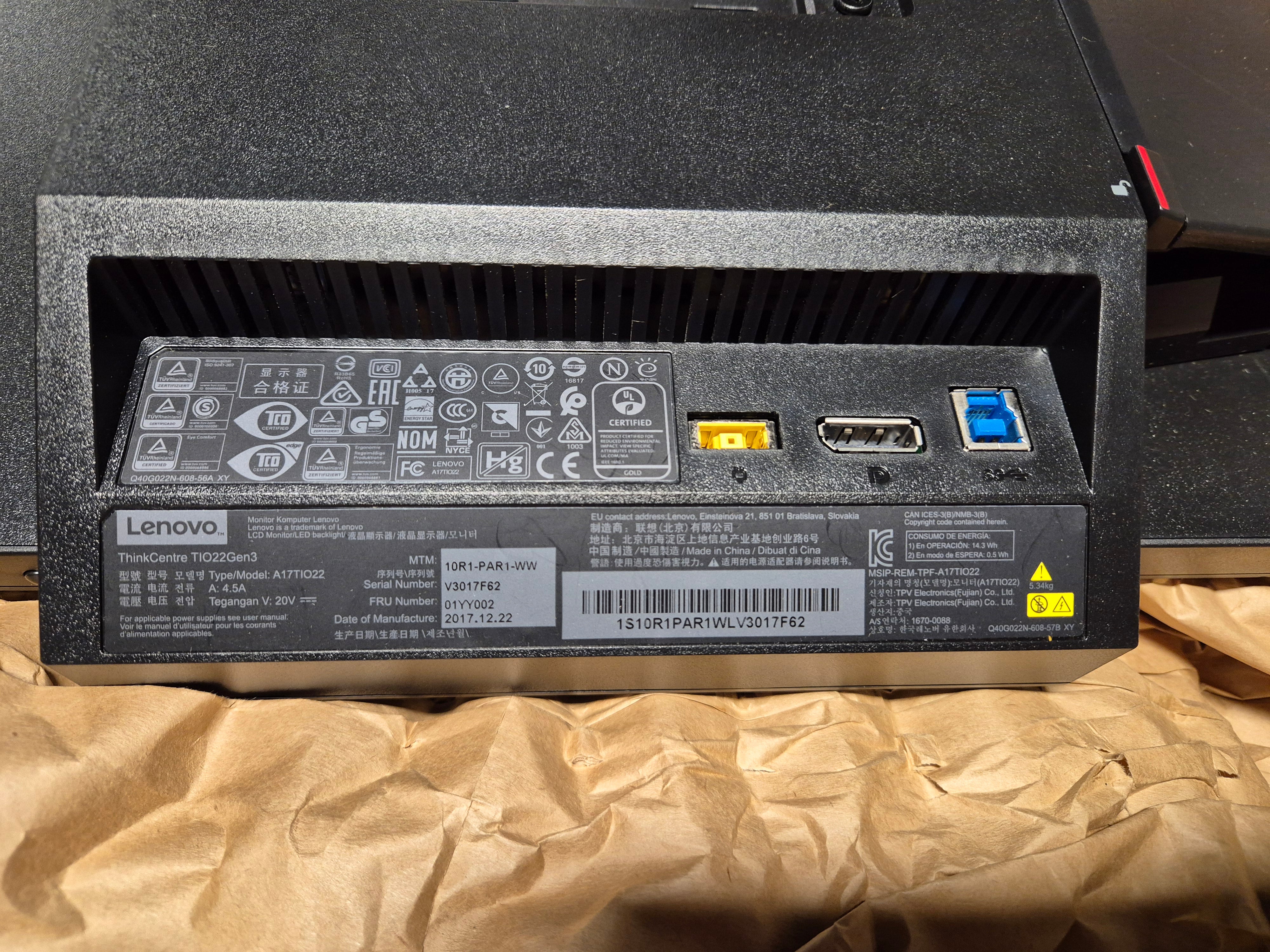 Lenovo ThinkCentre TIO 22 Gen3 Monitor - Type 10R1 DP & 3in1 port w/ stand NO CABLES ( 01YY002 A17TIO22 ) USED