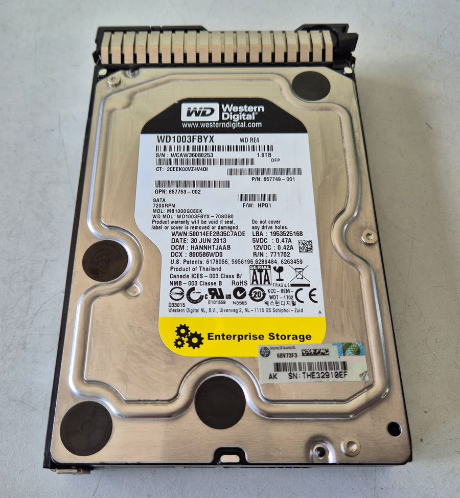 Western Digital HP 1TB 7.2KRPM SATA 3.5" HDD in Caddy ( WD1003FBYX-708DB0 657749-001 657753-002 MB1000GCEEK ) REF