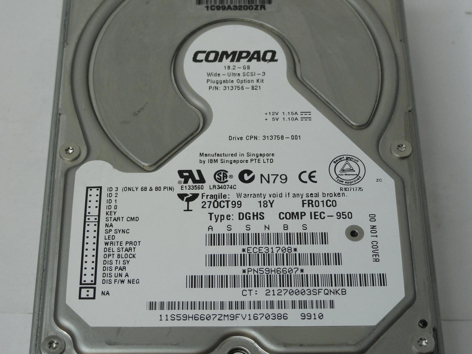 Compaq IBM 18.2GB SCSI 80 Pin 7200rpm 3.5in HDD in Caddy ( 59H6607 313756-B21 313758-001 5002-3249 ) REF