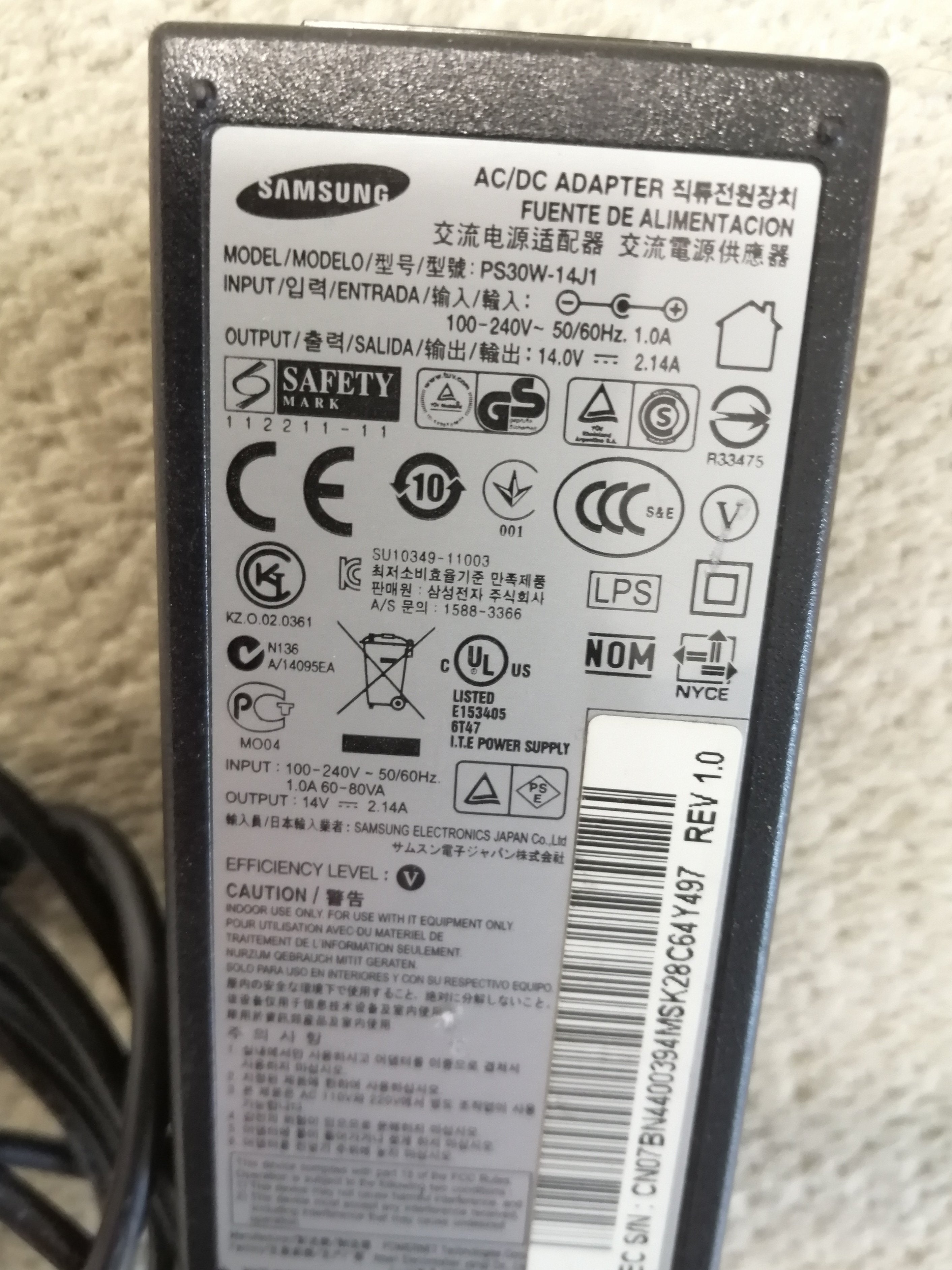 SAMSUNG MONITOR ADAPTOR IN 240V 1A OUT 14V2.14A ( PS30W-14J1 USED )