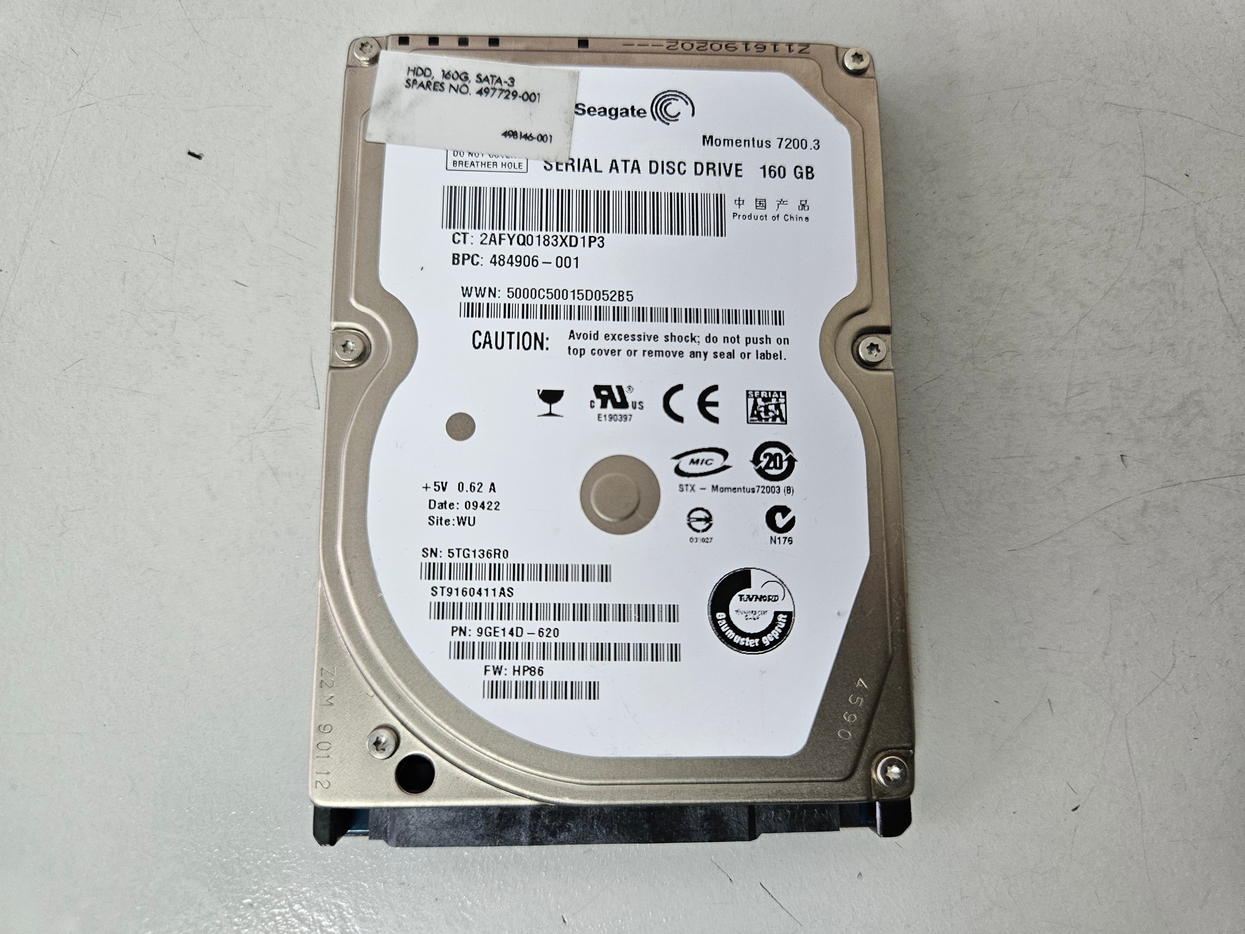 Seagate HP 160GB 7200RPM SATA 2.5in HDD ( ST9160411AS 9GE14D-620 484906-001 ) REF