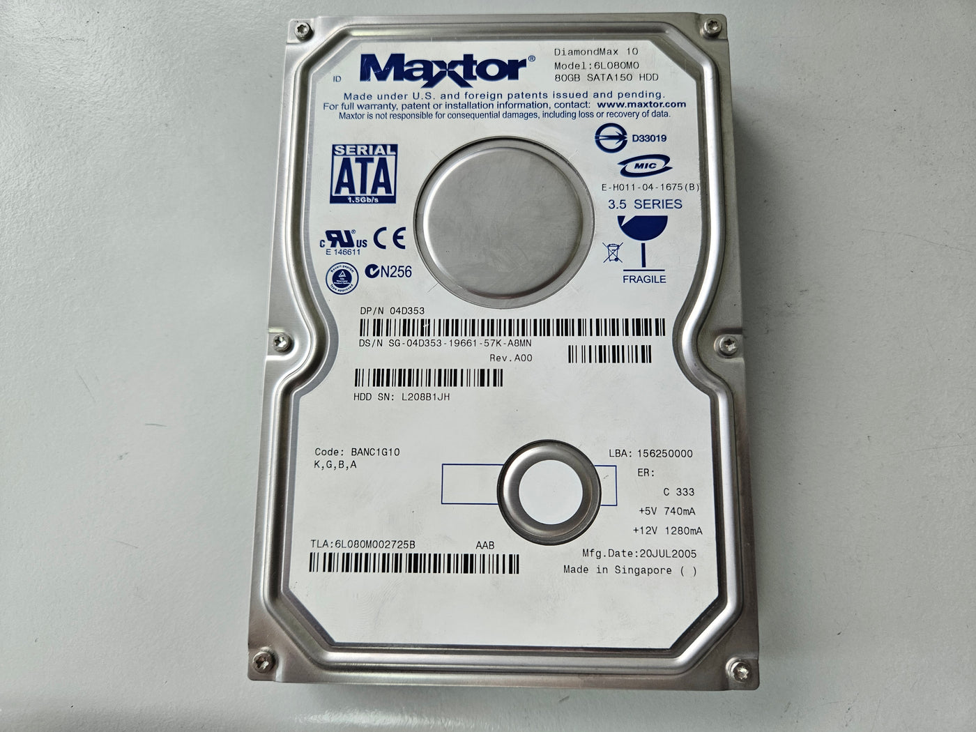 Maxtor Dell DiamondMax 10 80Gb SATA150 3.5in HDD ( 6L080M0 04D353 ) USED