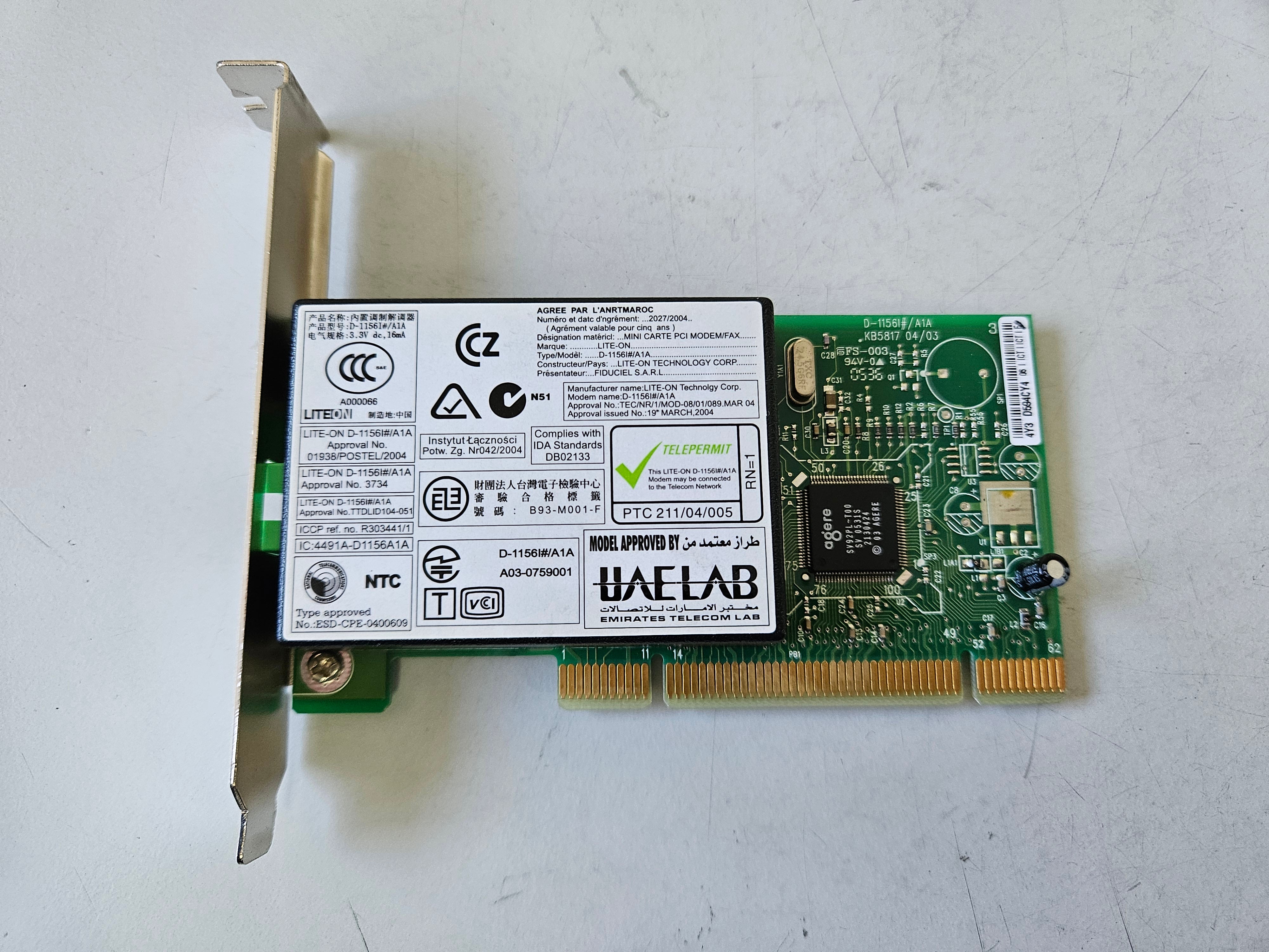LiteOn PCI 56K Modem Card ( D-1156l#A1A ) USED
