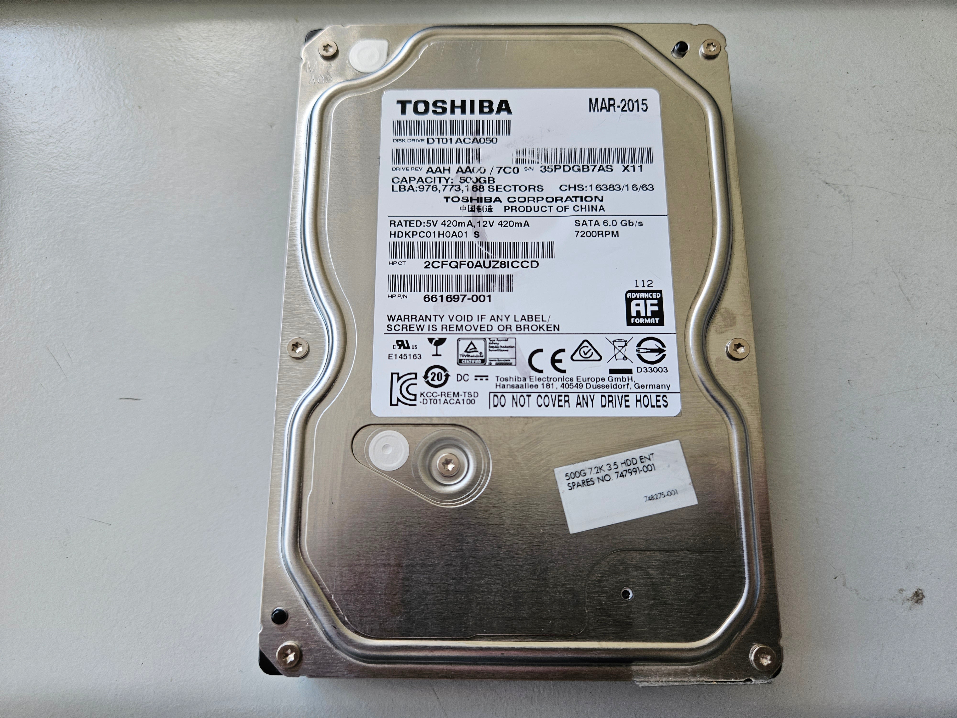 Toshiba HP 500GB 7200RPM SATA 3.5in HDD ( DT01ACA050 HDKPC01H0A01 661697-001 ) USED