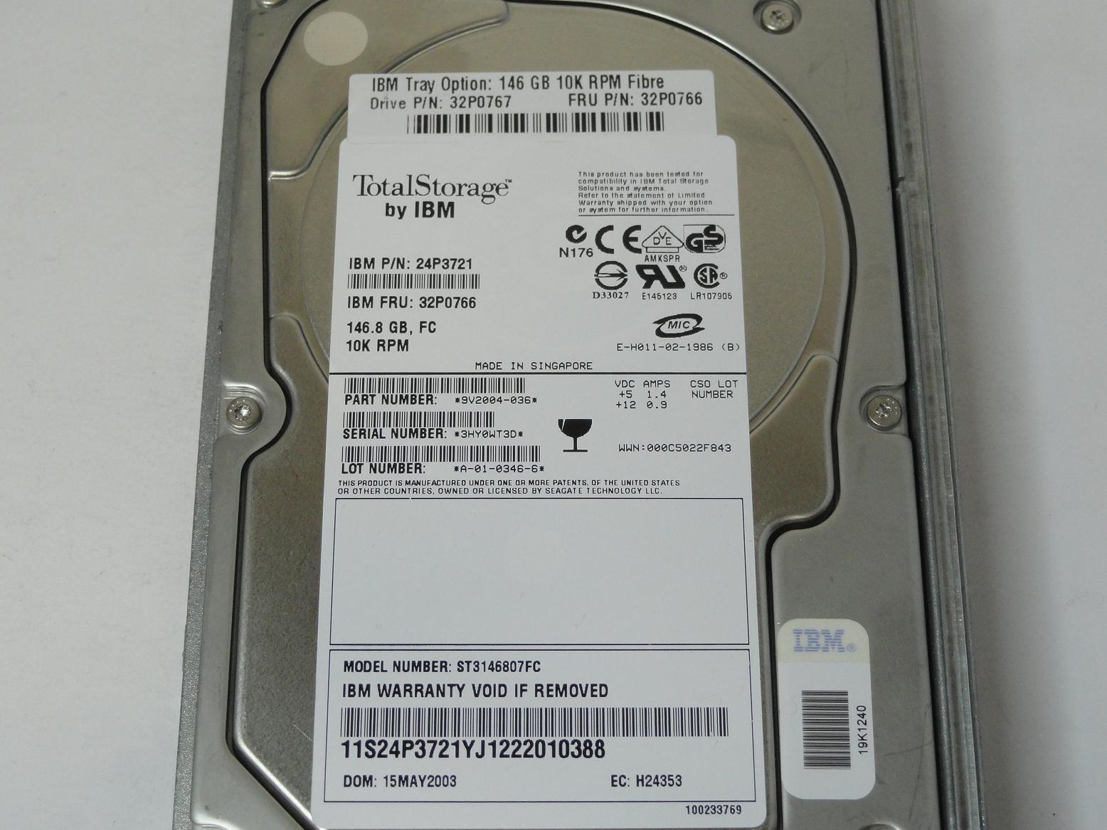 Seagate IBM 146GB FC 10Krpm 3.5in HDD in Caddy ( 9V2004-036 ST3146807FC 32P0767 24P3721 32P0766 ) REF