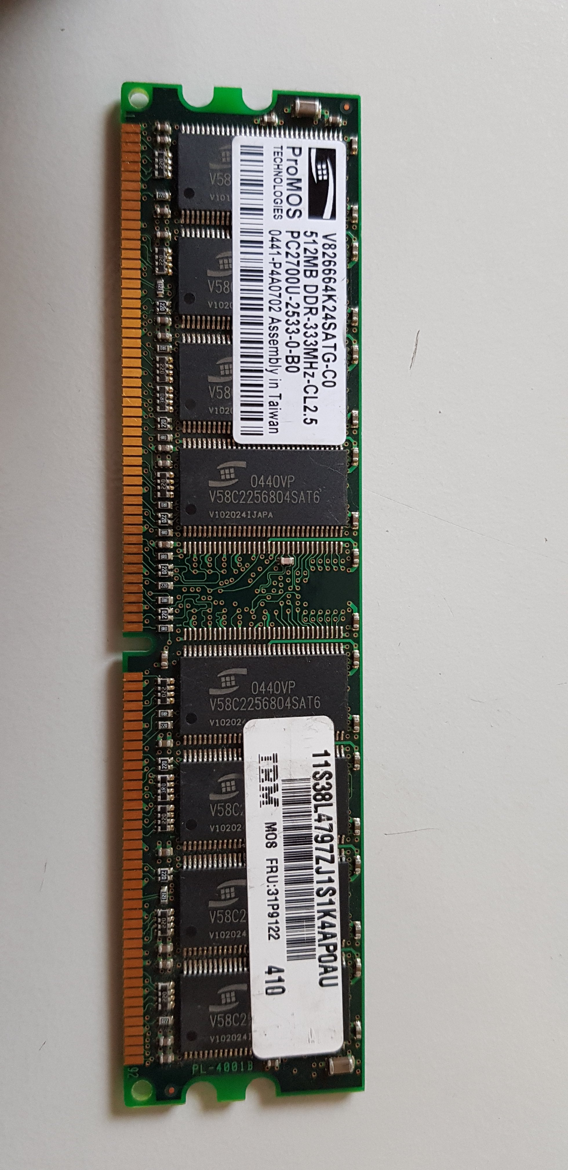 ProMOS 512MB PC2700 DDR-333MHz non-ECC Unbuffered CL2.5 184-Pin DIMM ( V826664K24SATG-C0 ) REF