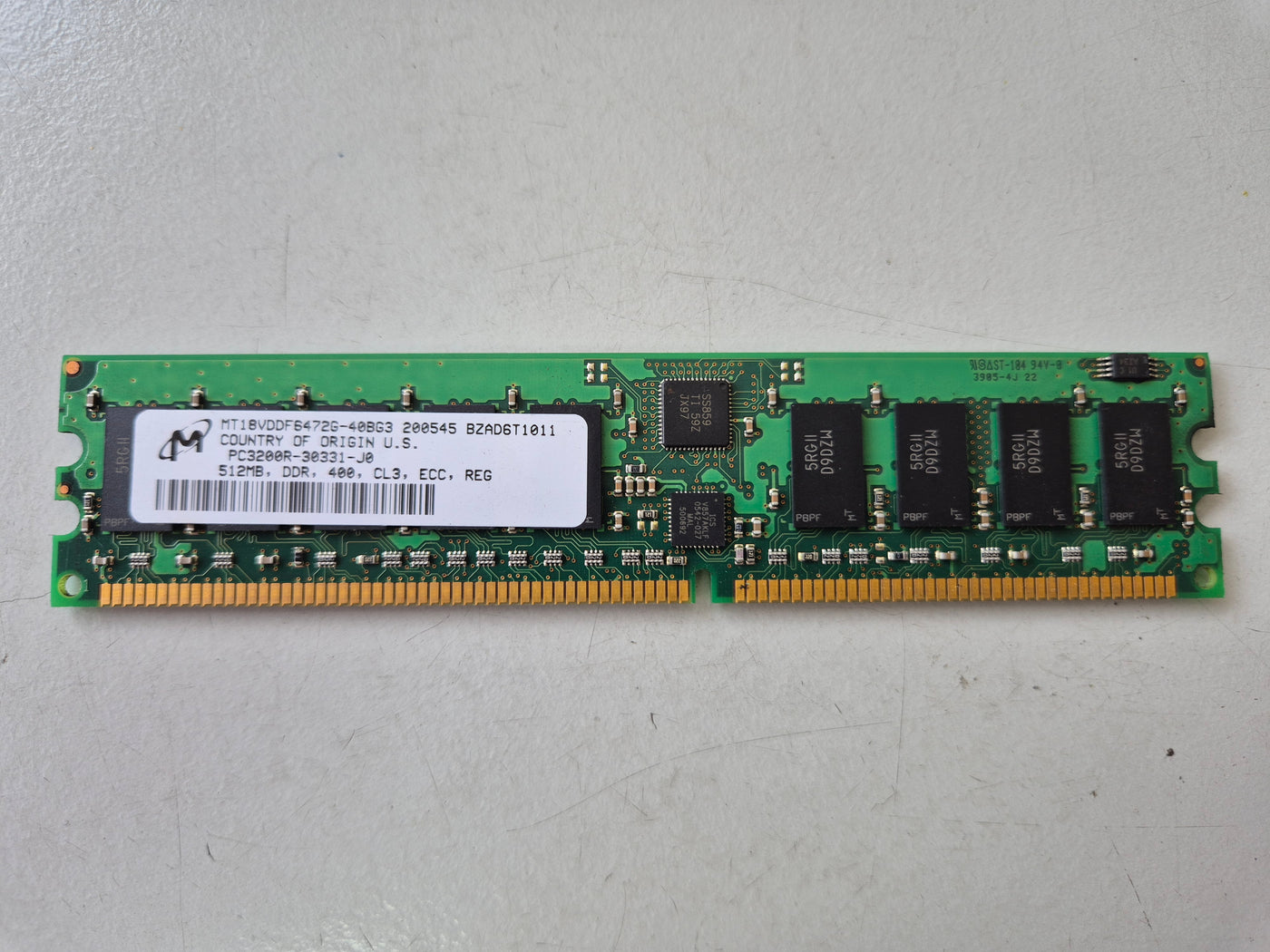 Micron 512MB PC3200 DDR-400MHZ ECC Reg 184-PIN SDRAM DIMM ( MT18VDDF6472G-40BG3 ) REF