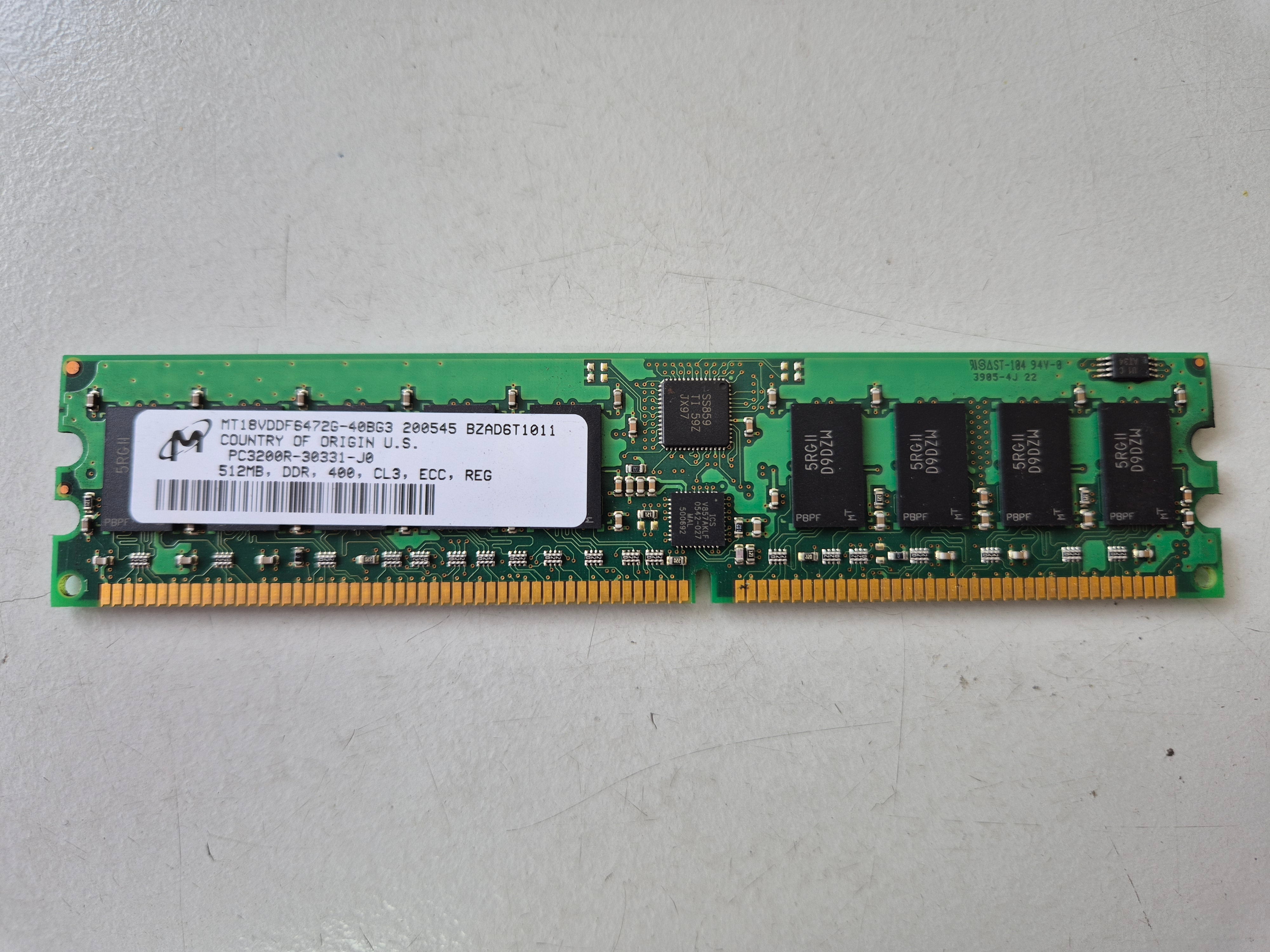 Micron 512MB PC3200 DDR-400MHZ ECC Reg 184-PIN SDRAM DIMM ( MT18VDDF6472G-40BG3 ) REF