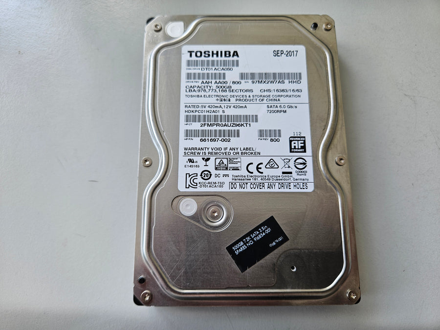 Toshiba HP 500GB 7200RPM SATA 3.5in HDD ( DT01ACA050 HDKPC01H2A01 661697-001 ) REF